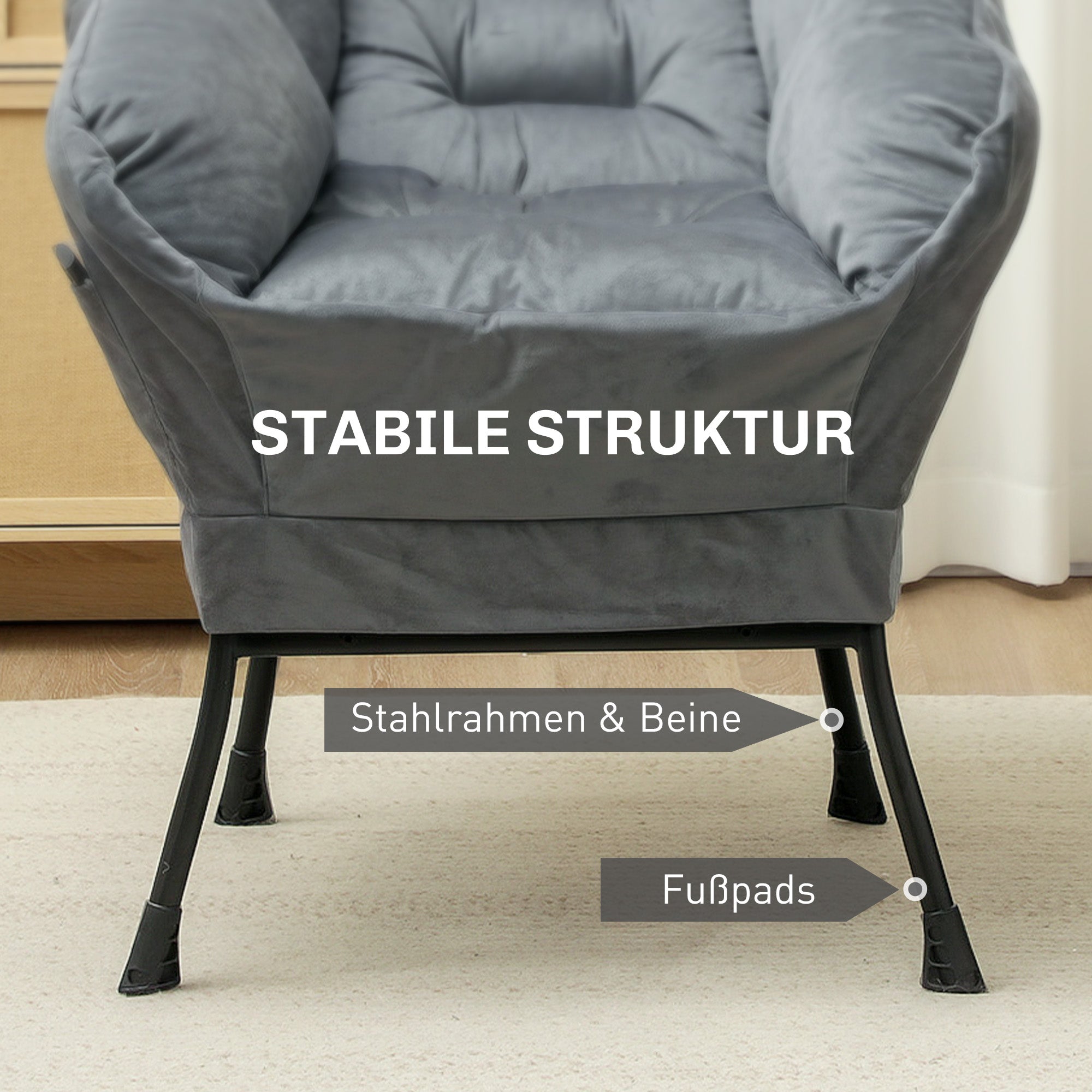 HOMCOM Moderner Akzentstuhl, Polsterstuhl mit Stahlbeinen und Seitentaschen, für Wohnzimmer, Schlafzimmer, Grau