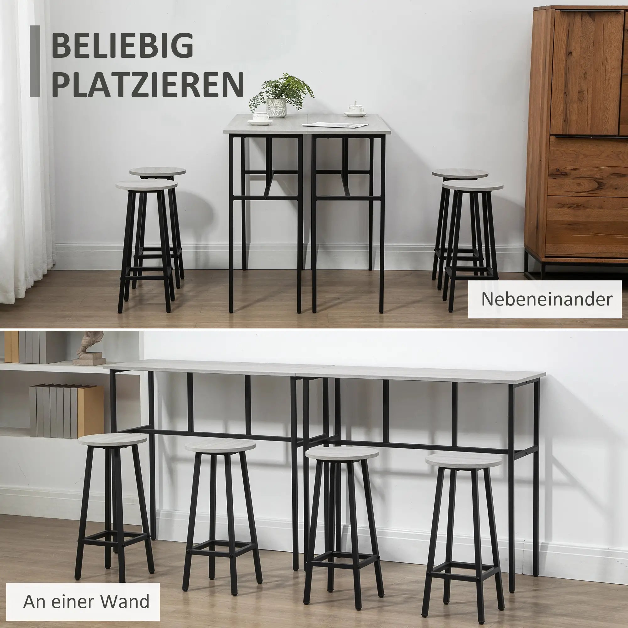 HOMCOM Bartisch-Set im Industriedesign, 6-teilig, 2 Tische und 4 Barhocker, Grau + Schwarz