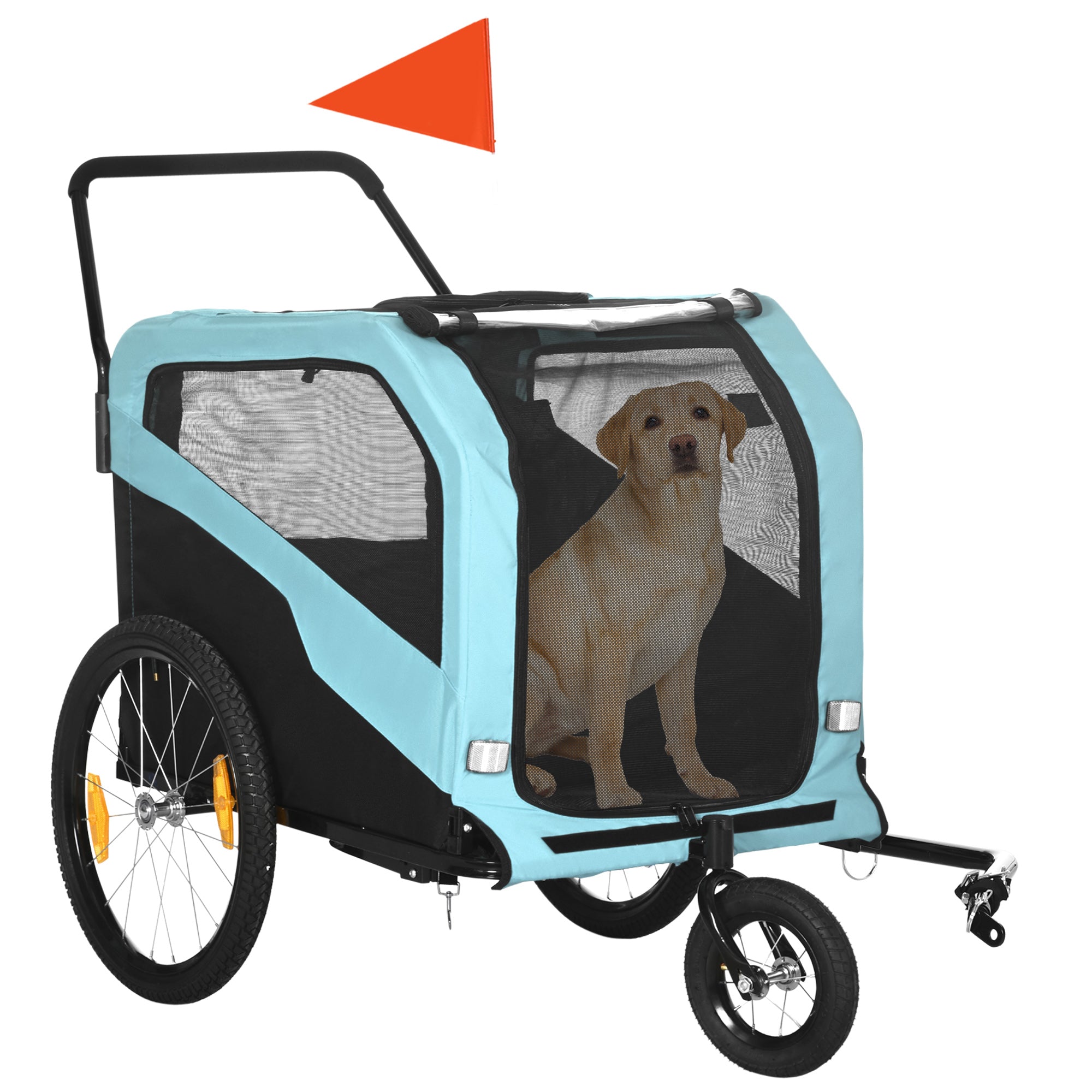 PawHut 2-in-1 Hundeanhänger Hundewagen Fahrradanhänger bis 30kg klappbar Schiebefunktion 2 Eingänge Netzfenster Sonnenschutz Stahlrahmen hellblau 170 x 77 x 90 cm