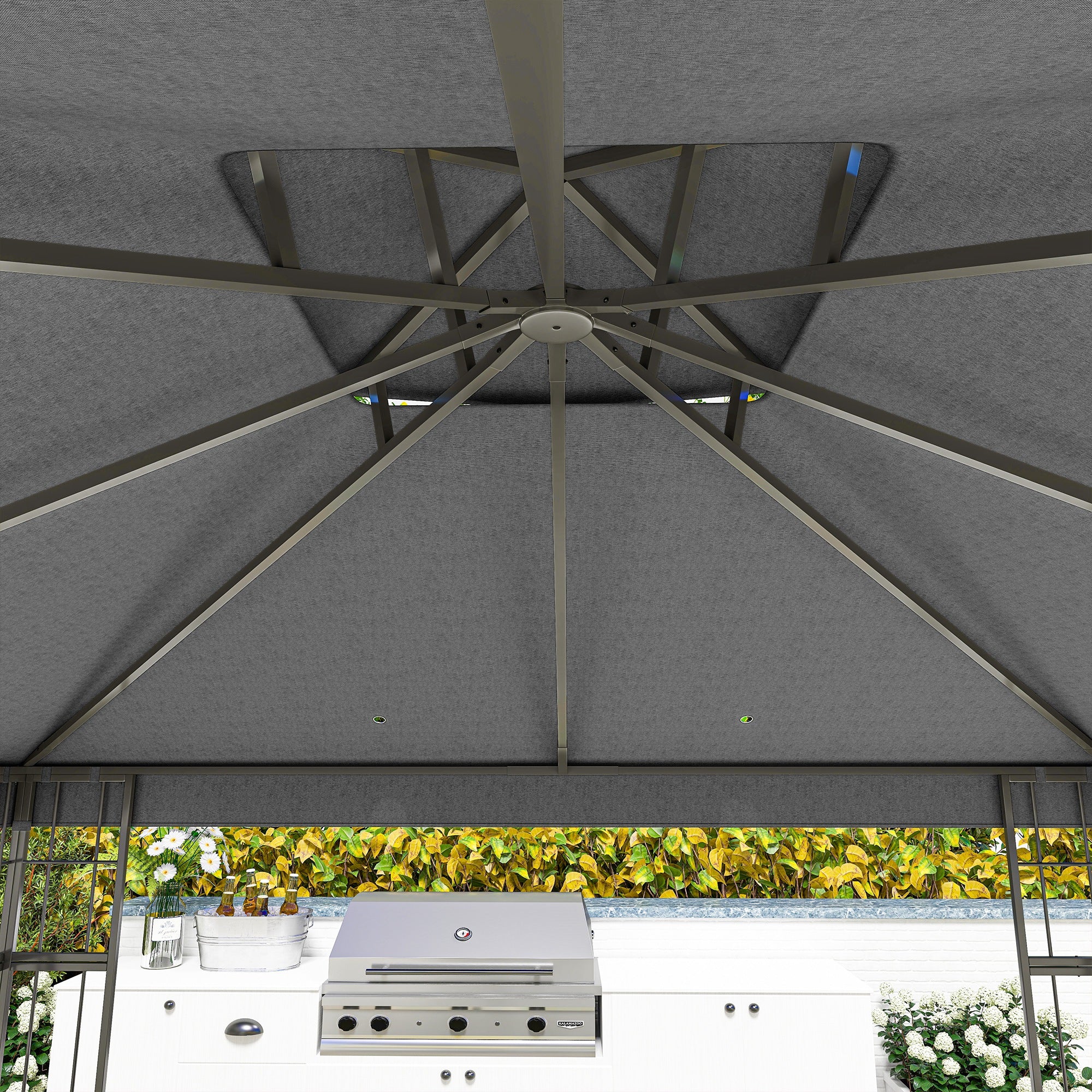 Outsunny 3 x 3 m Garten-Pavillon, 2-Stufen-Dach-Design, UV30+ Schutz, UV-beständig, Sonnenschutz, Metallrahmen, Dunkelgrau