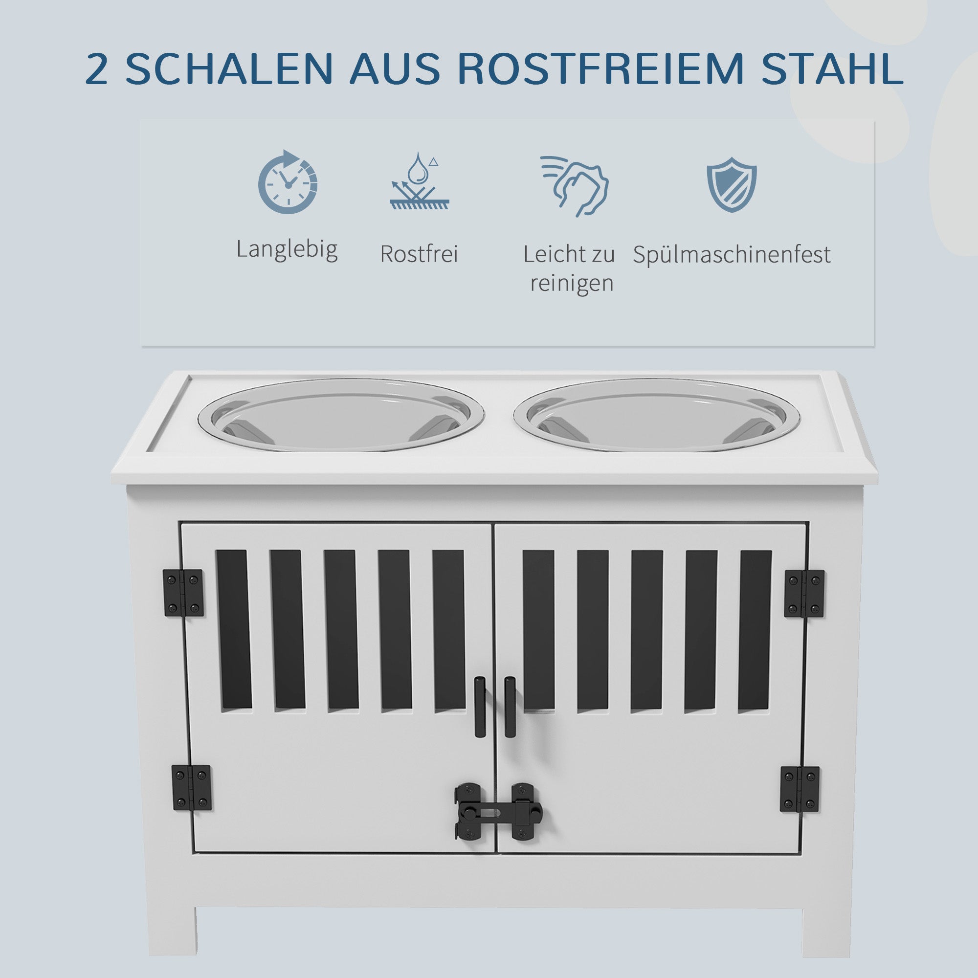 PawHut Erhöhte Futterstation für große Hunde, 2 Edelstahlnäpfe, Stauraum, 35,5x60x30 cm, Weiß