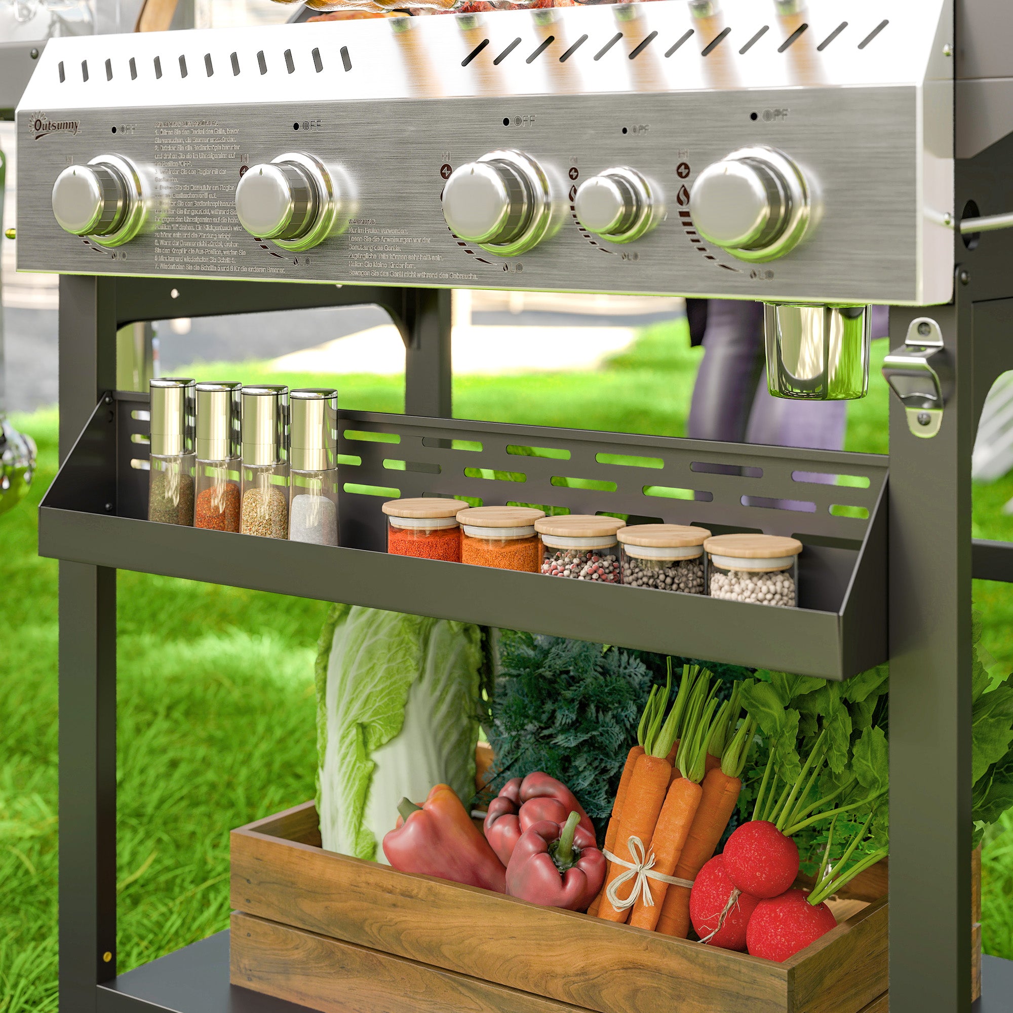 Outsunny Gasgrill, BBQ-Grill, 4 Hauptbrenner, 1 Seitenkocher, 1 Warmhalteplatte; 135 x 55 x 103 cm, Schwarz