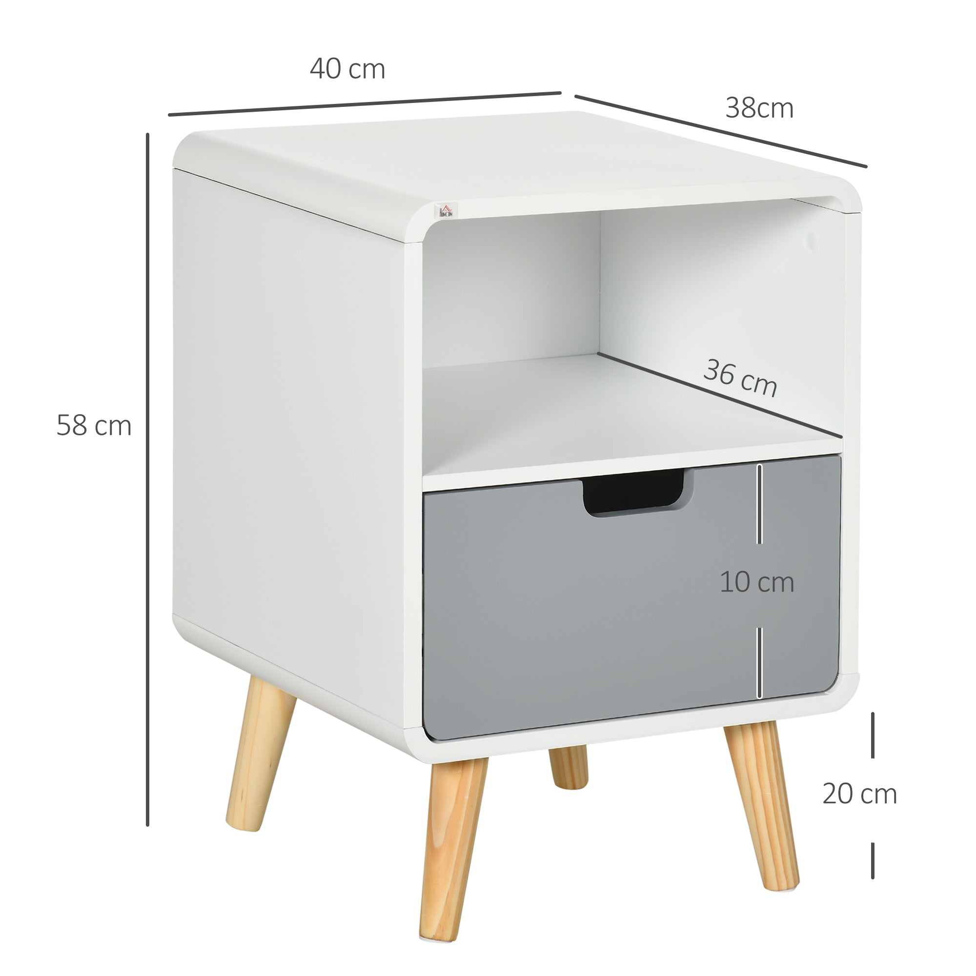 HOMCOM Nachttisch, skandinavisches Design, große Schublade, wasserfeste Lackierung, 40 x 38 x 58 cm, Weiß