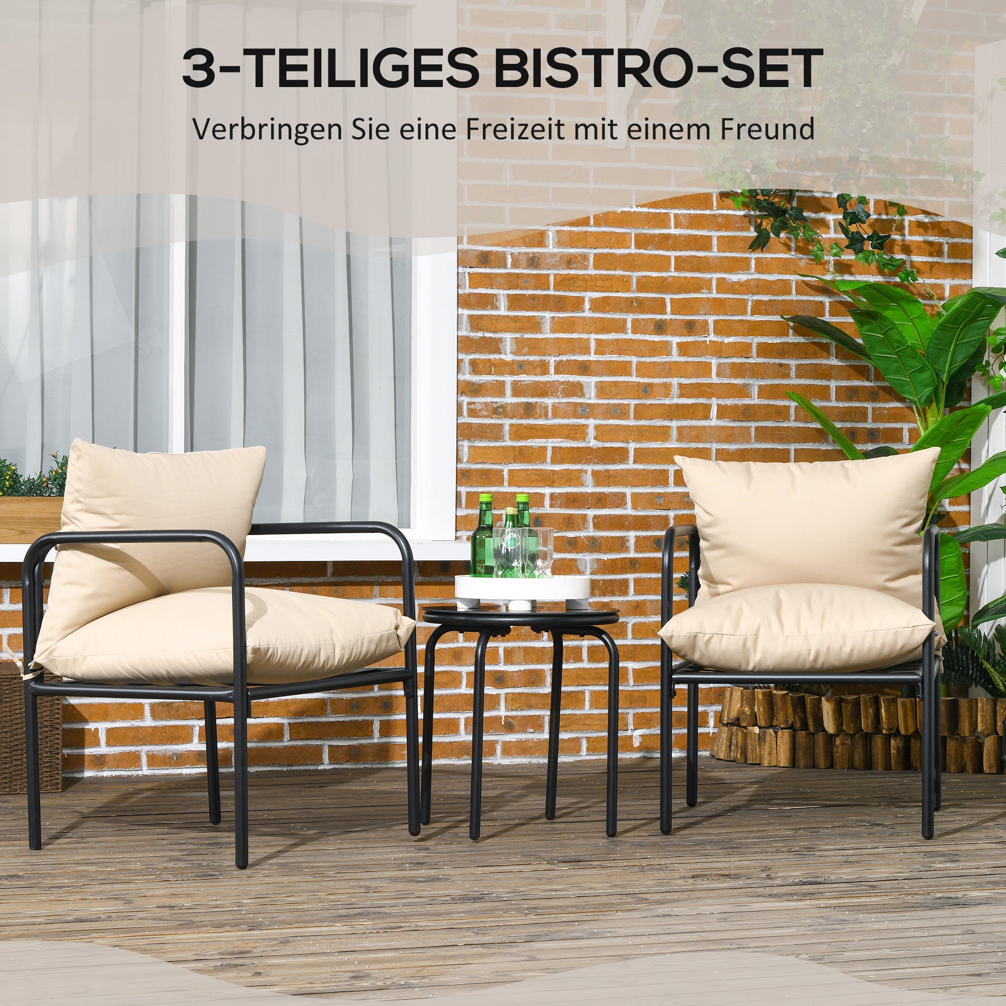 Outsunny Outdoor Sitzgruppe, 3-teilig, 2 Stühle, Tisch mit Glasplatte, Sitzkissen, Metallgestell, Beige