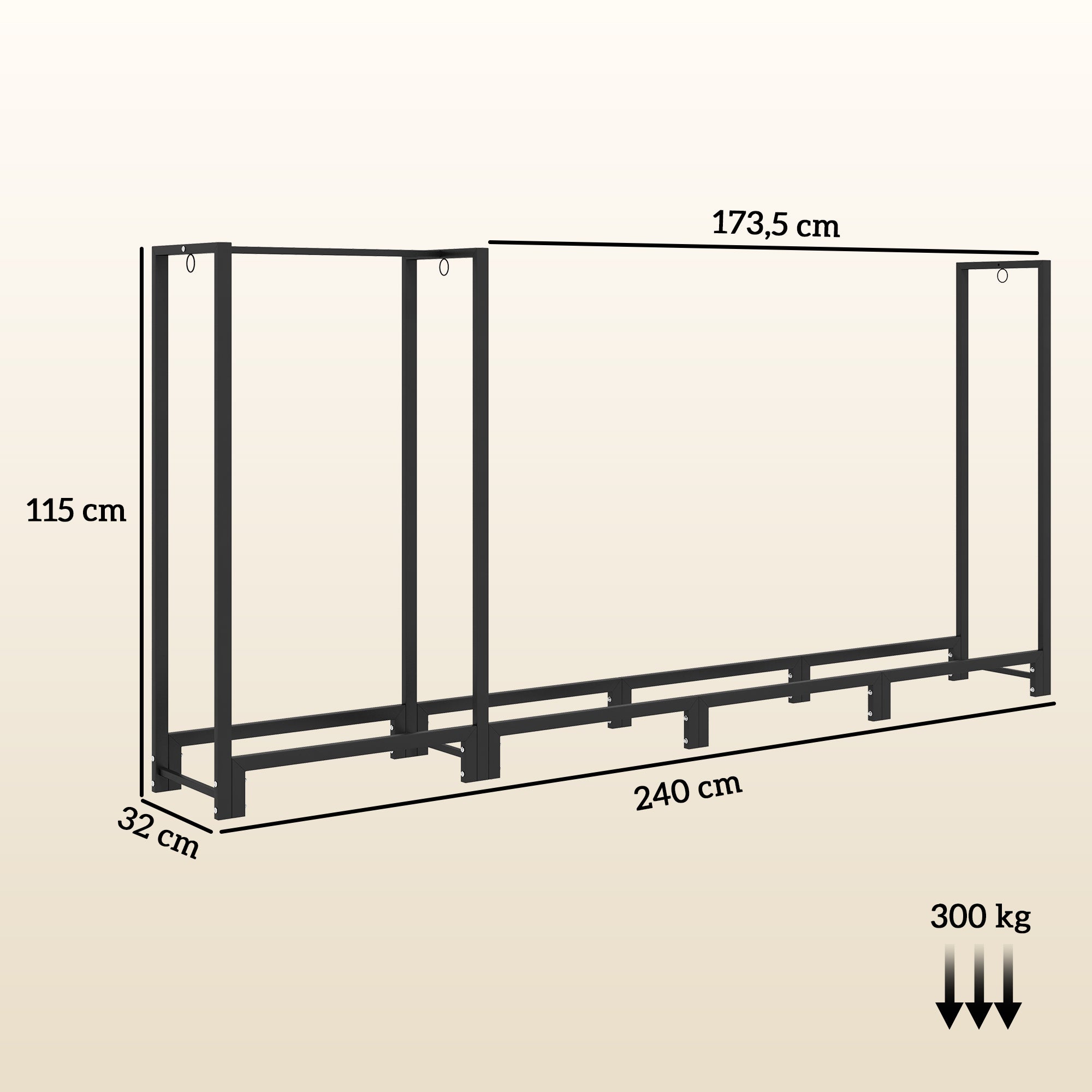 Outsunny Feuerholzgestell, zwei Abschnitte, rostfreier Stahlrahmen, bis 300 kg, 240 x 32 x 115 cm, Schwarz