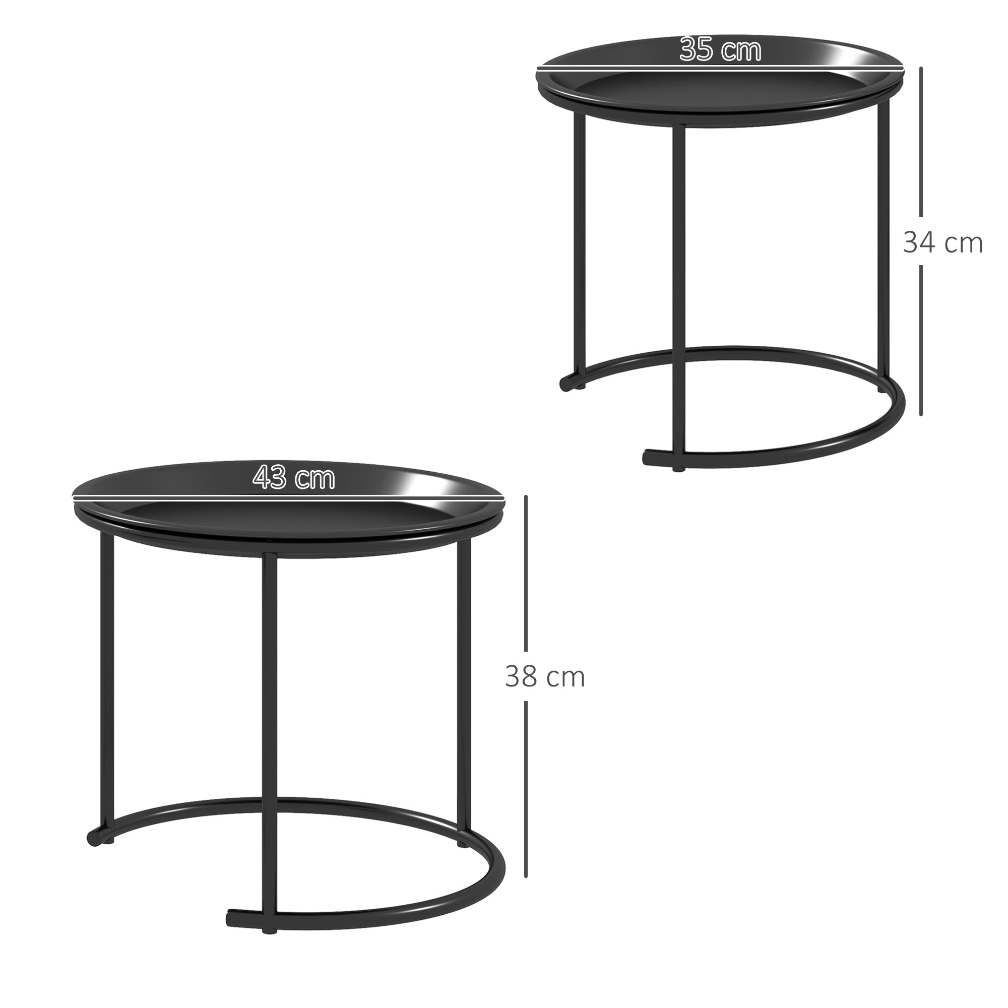 HOMCOM 2er-Set Beistelltische aus Metall, ineinander verschiebbar, Tischplatten als Tabletts verwendbar, Schwarz