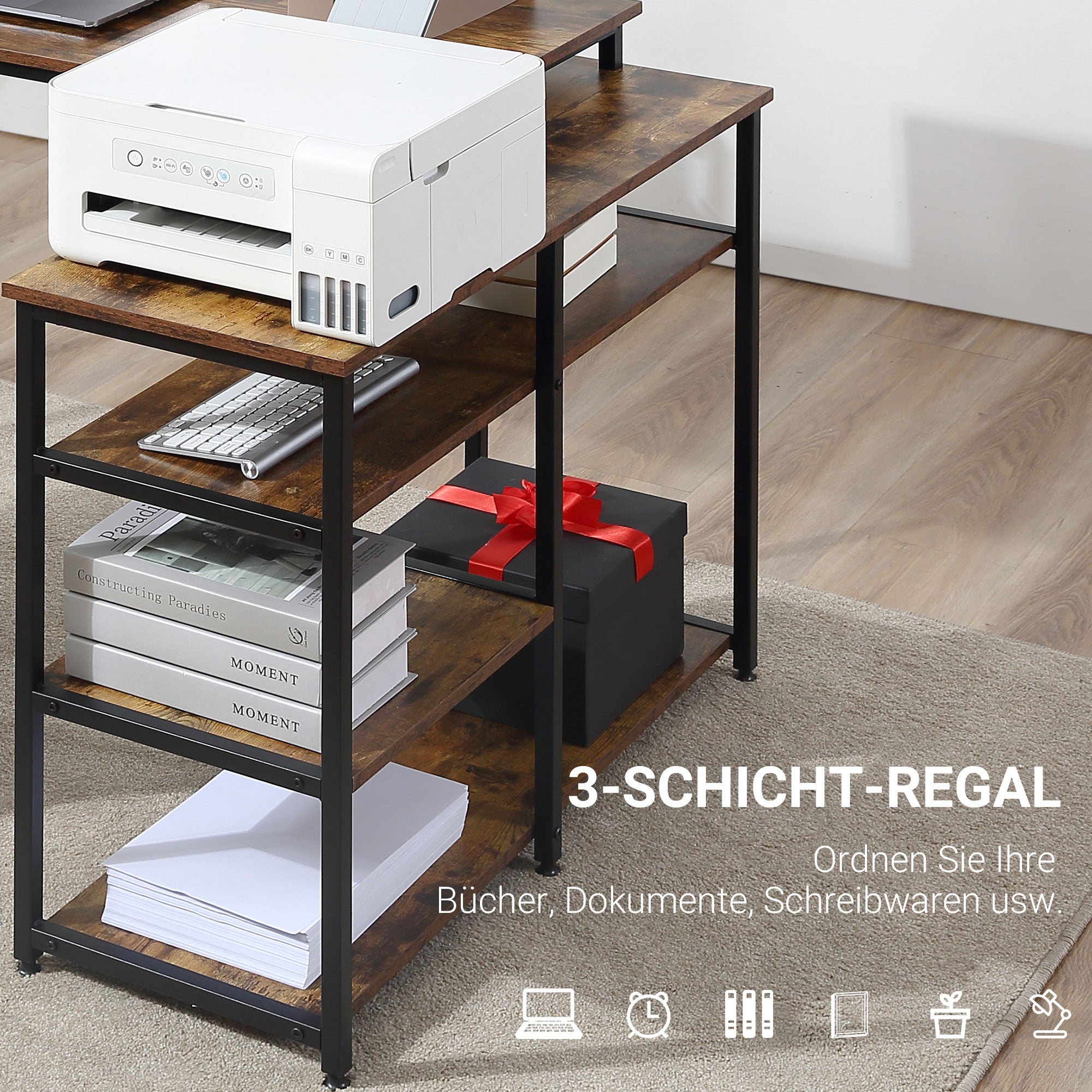 HOMCOM Eckschreibtisch Winkelschreibtisch PC-Tisch Computertisch Bürotisch Regal Schublade L-Form Spanplatte Metall Rustikales Braun 135 x 90 x 79 cm