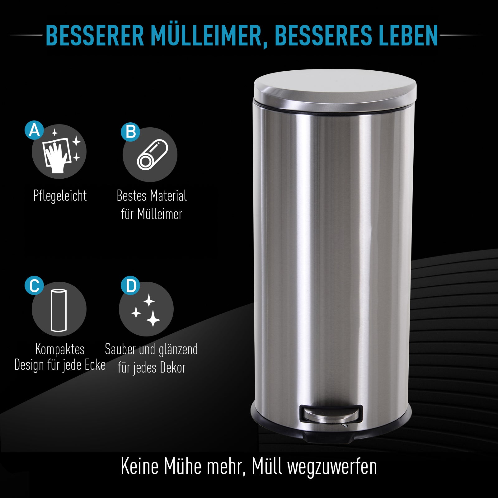 HOMCOM 30L Mülleimer Treteimer aus Edelstahl, Abfalleimer mit Inneneimer, Müllbehälter mit Deckel und Fußpedal, für Wohnzimmer, Büro, Ø29,2 x 62,5 cm