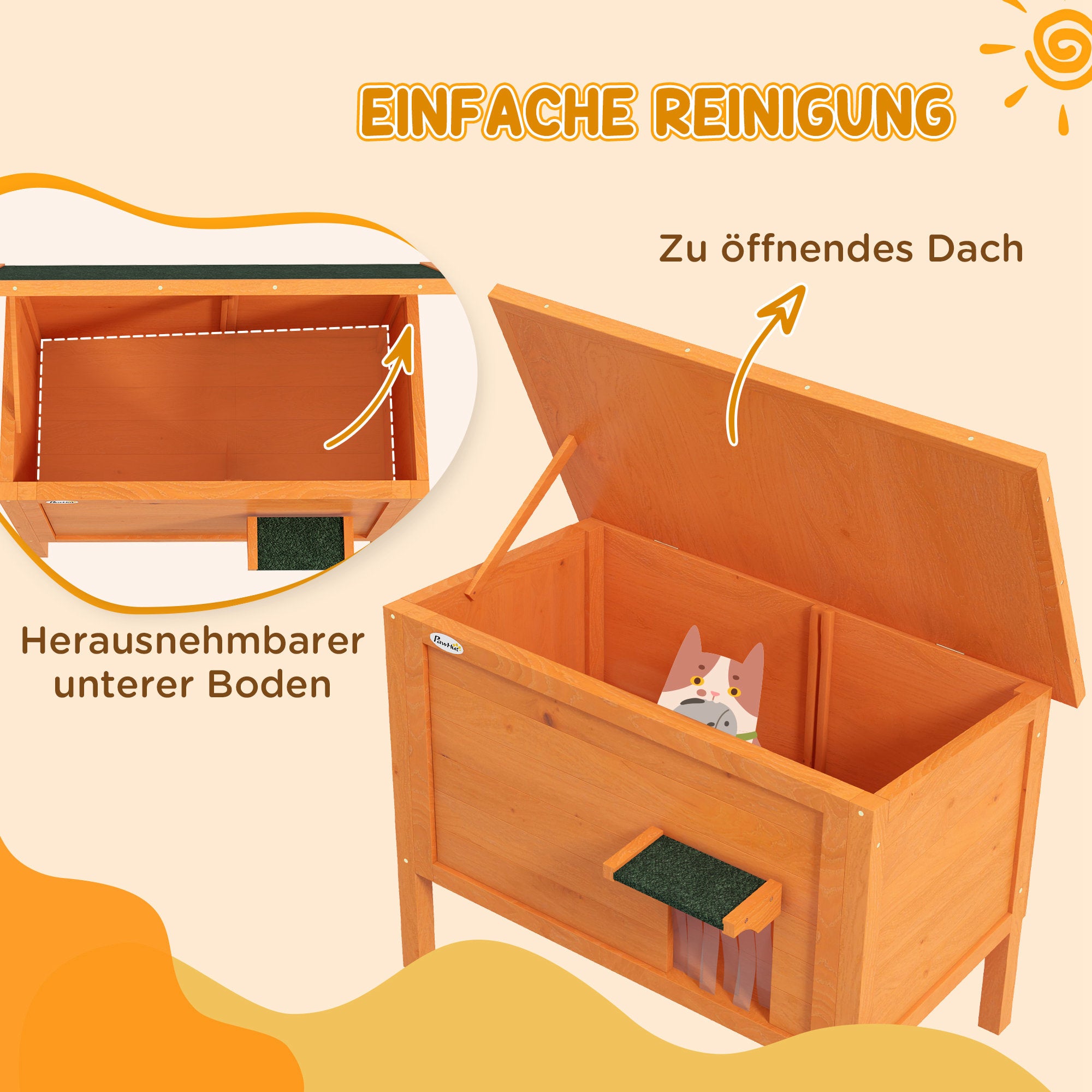PawHut Katzenhaus Outdoor-Katzenhaus Katzenhütte, wetterbeständig, 1 Fenster, 1 Eingang, 85 x 50 x 68,5 cm, Orange+Grün