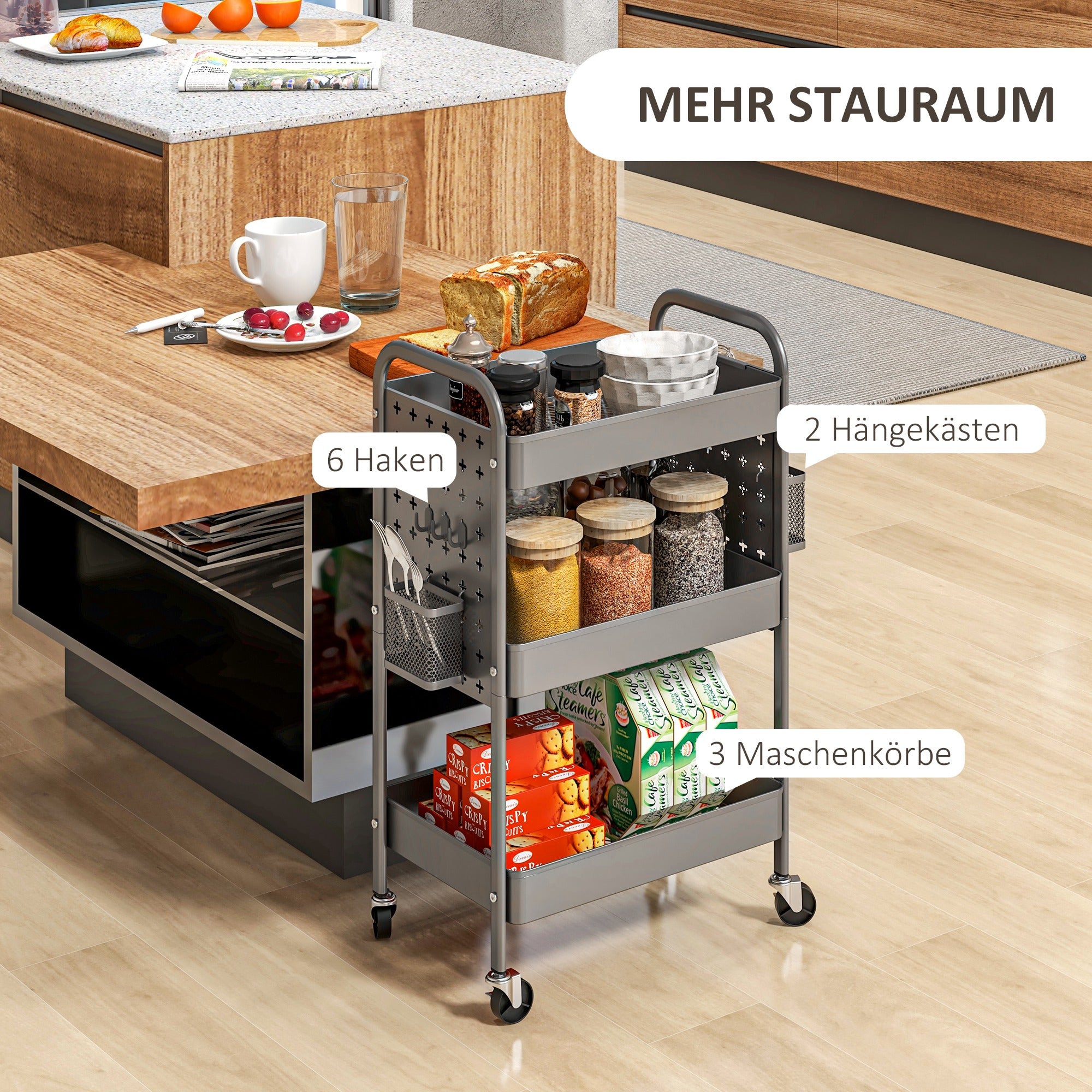 HOMCOM Mehrzweckwagen Rollwagen Küchenwagen, 3 Regale, 4 Rollen, 53,5 cm x 30,5 cm x 75 cm, Grau