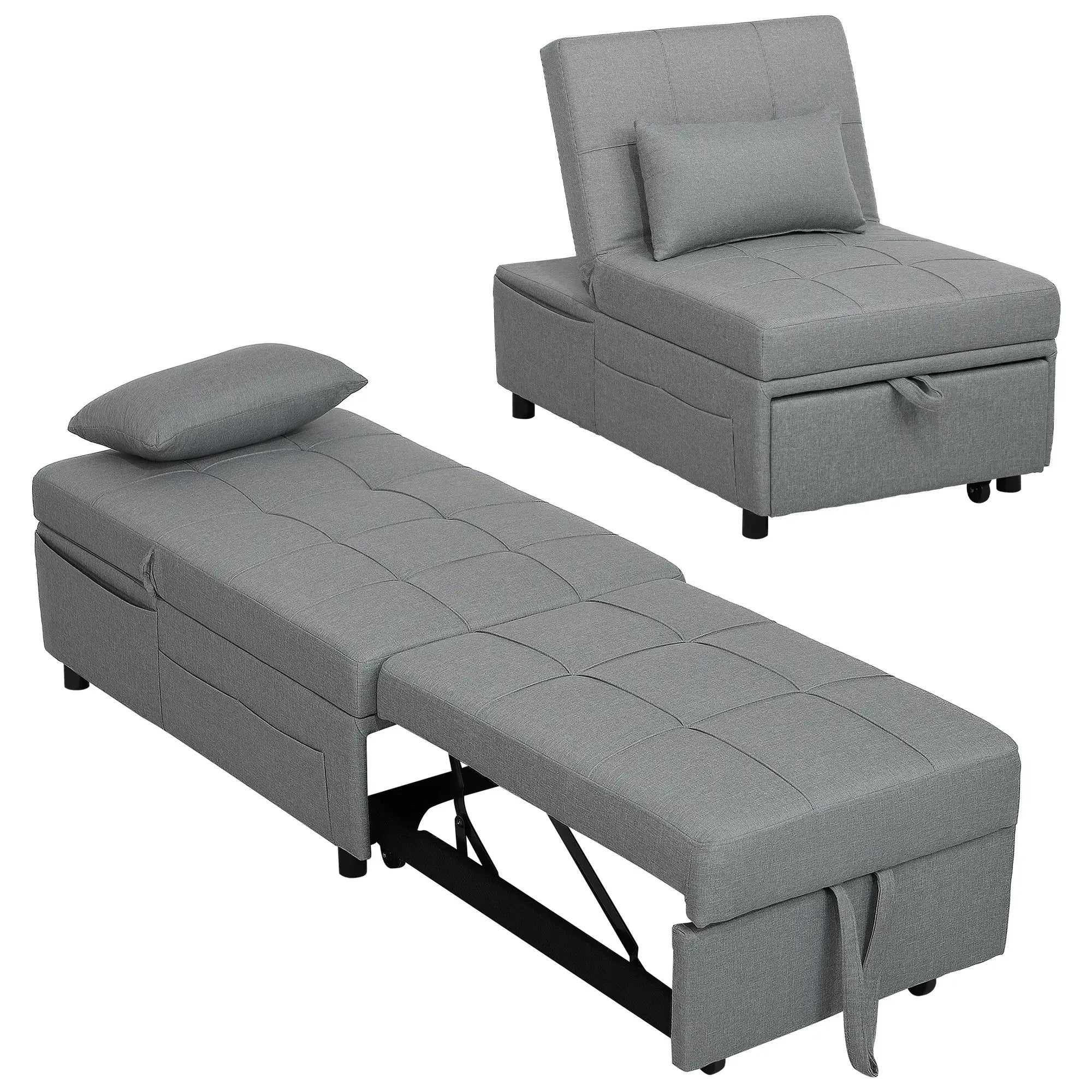 HOMCOM 3-in-1 Klappsessel mit Seitentasche, Gästebett mit Kissen, Verstellbarer Rückenlehne, Bettsessel mit Rollen, Hellgrau