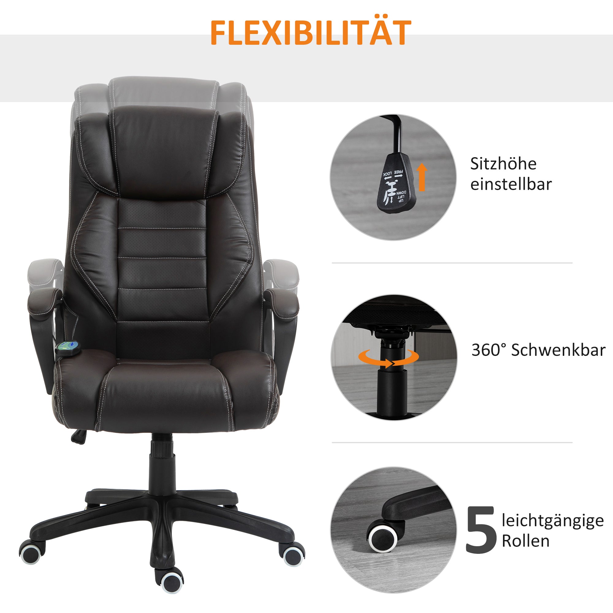 Vinsetto Bürostuhl mit Massagefunktion, höhenverstellbarer Chefsessel, ergonomischer Drehstuhl, 6 Vibrationspunkte, Braun
