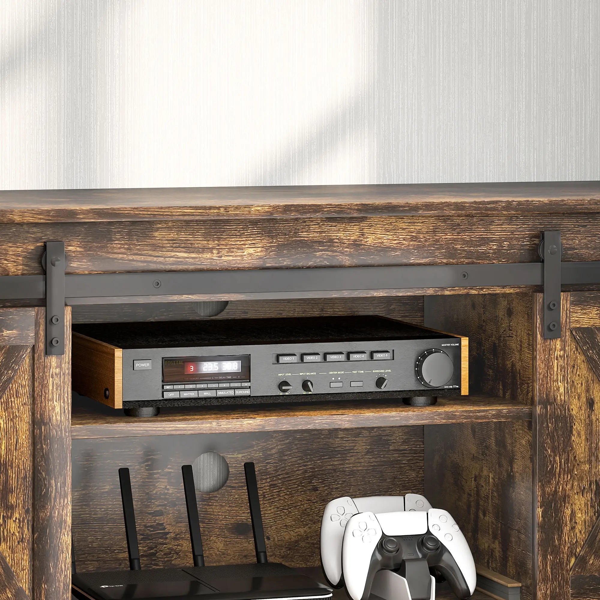 HOMCOM TV Lowboard, Industrial Design, für 60'' TVs, 6 Fächer, 2 Schiebetüren, Braun/Schwarz
