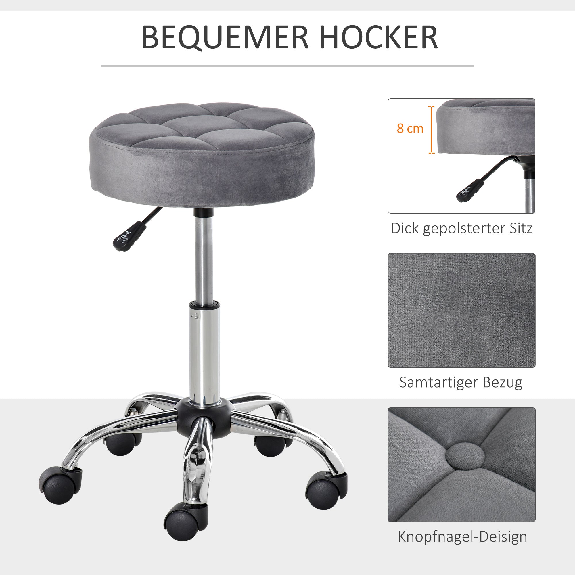 HOMCOM Salonstuhl mit Rädern Rollhocker höhenverstellbar drehbar Salon Hocker Samt-Touch Schaumstoff Chrom-Basis Hellgrau 35 x 35 x 49-61 cm