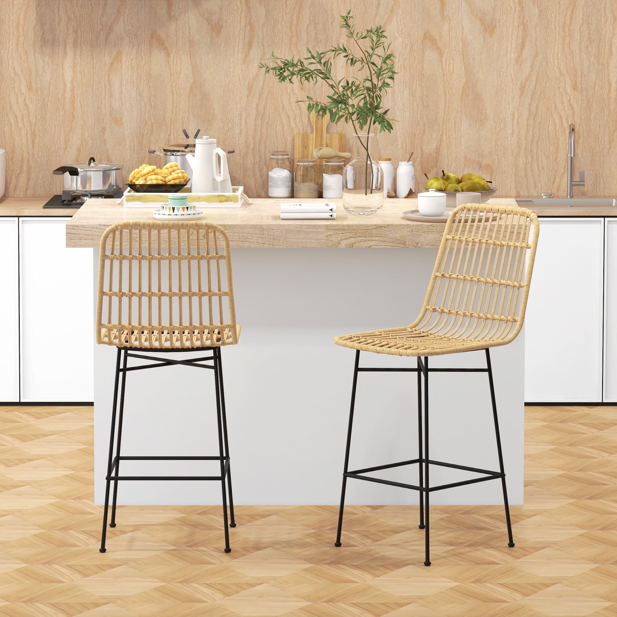 HOMCOM Barhocker Barstuhl, Boho-Stil, PE-Rattan, 45 x 53,5  x 105 cm, Natur + Schwarz