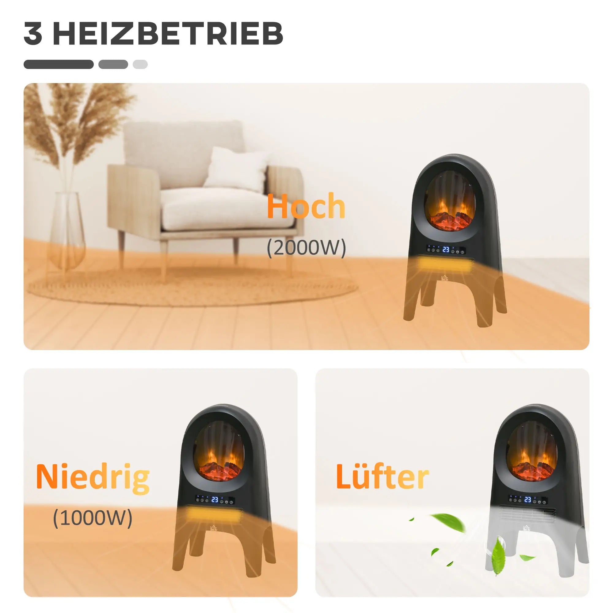 HOMCOM Elektroheizung, 3 Modi, 10-49° C, mit Fernbedienung, LED-Flammen, freistehend, schwarz, 33,7 x 25,5 x 60,4cm