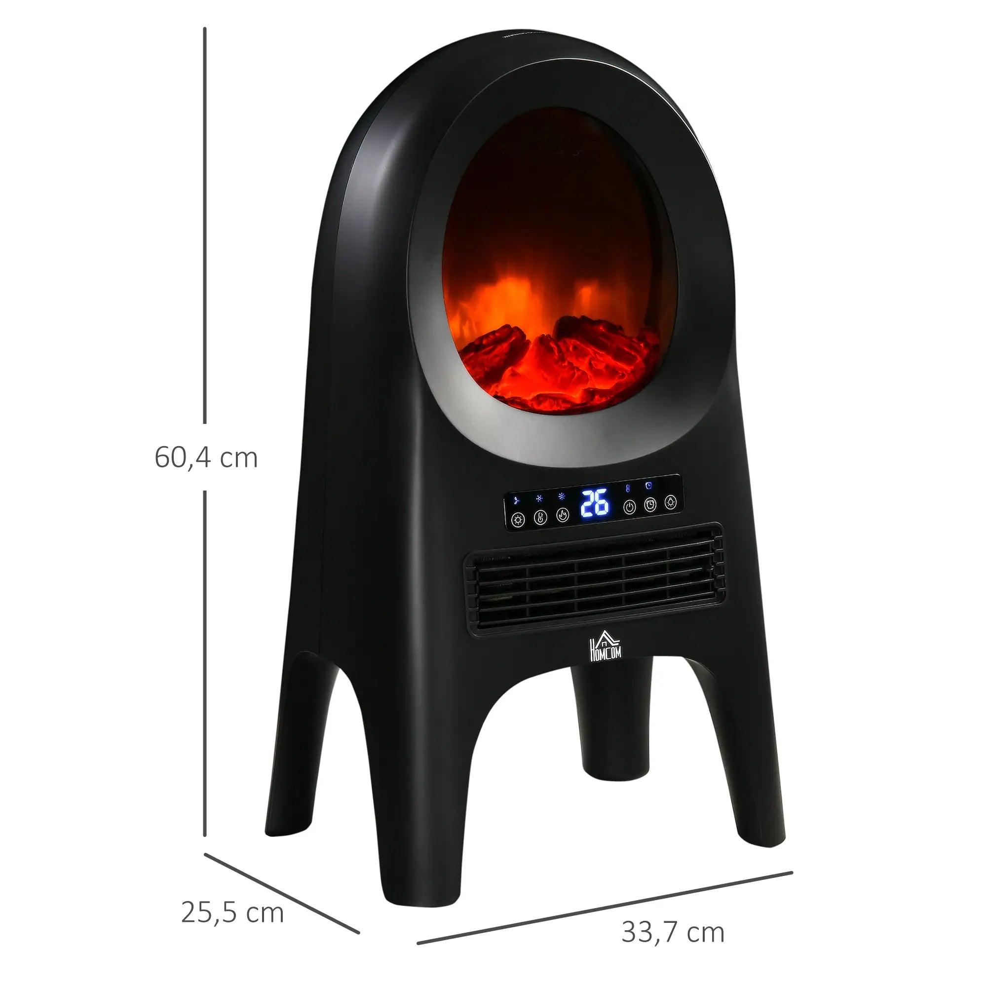 HOMCOM Elektroheizung, 3 Modi, 10-49° C, mit Fernbedienung, LED-Flammen, freistehend, schwarz, 33,7 x 25,5 x 60,4cm