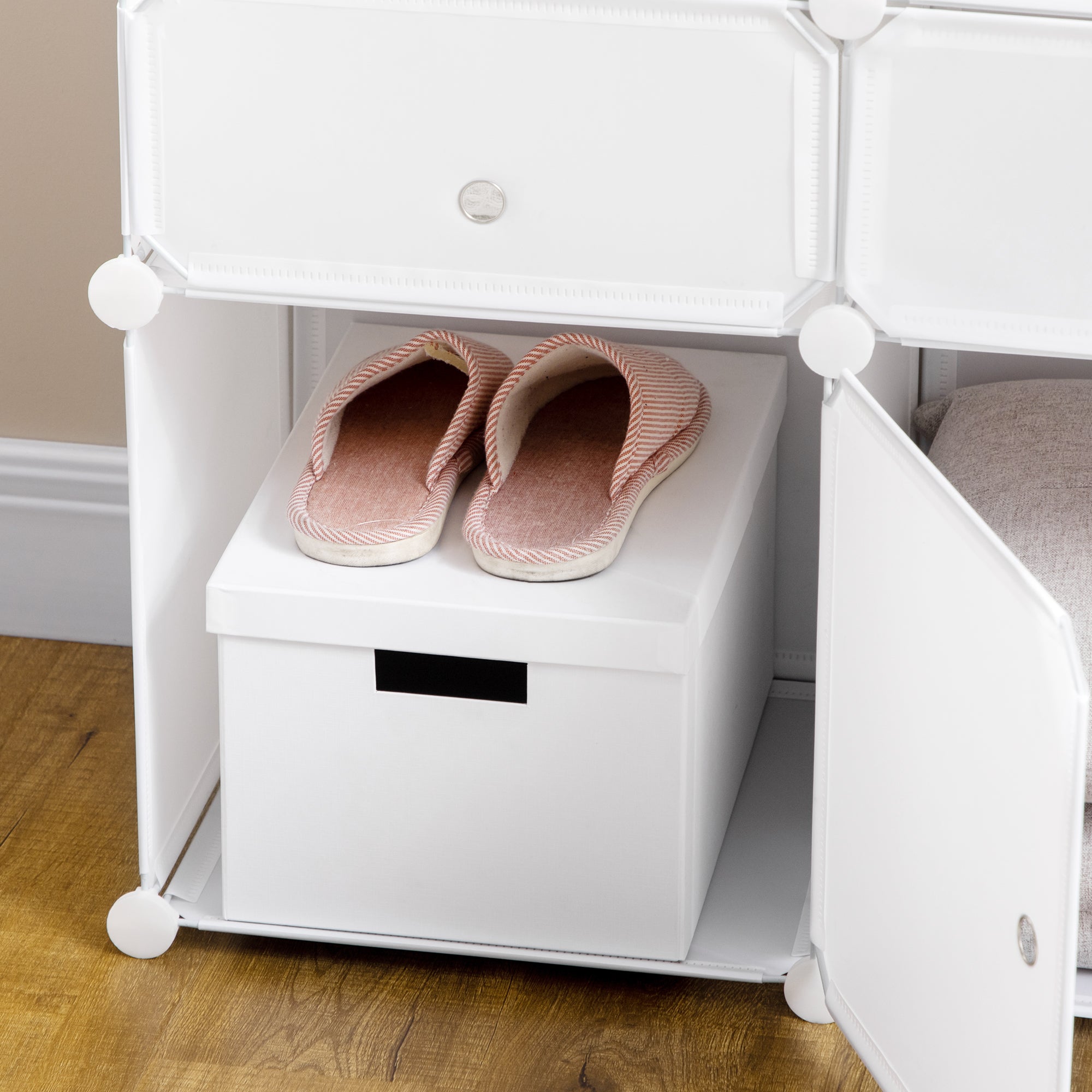 HOMCOM Schuhschrank, Regal mit Aufbewahrungsboxen, Kleiderschrank, Kunststoff, Stahl, Weiß, 75 x 37 x 73 cm