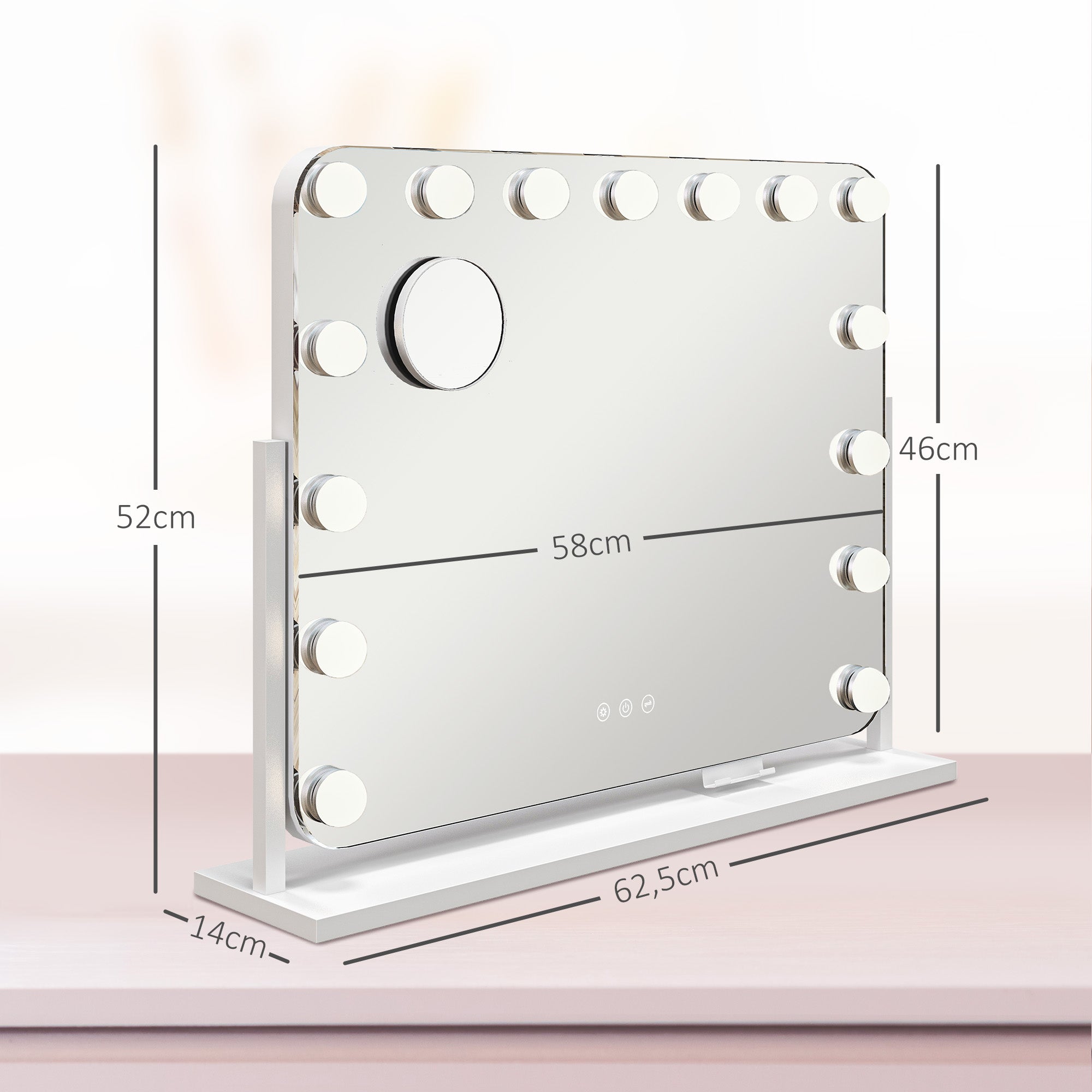 HOMCOM LED-Kosmetikspiegel, 3 Lichtmodi, dimmbar, Touchsteuerung, USB, 62,5 x 49,5cm, Weiß