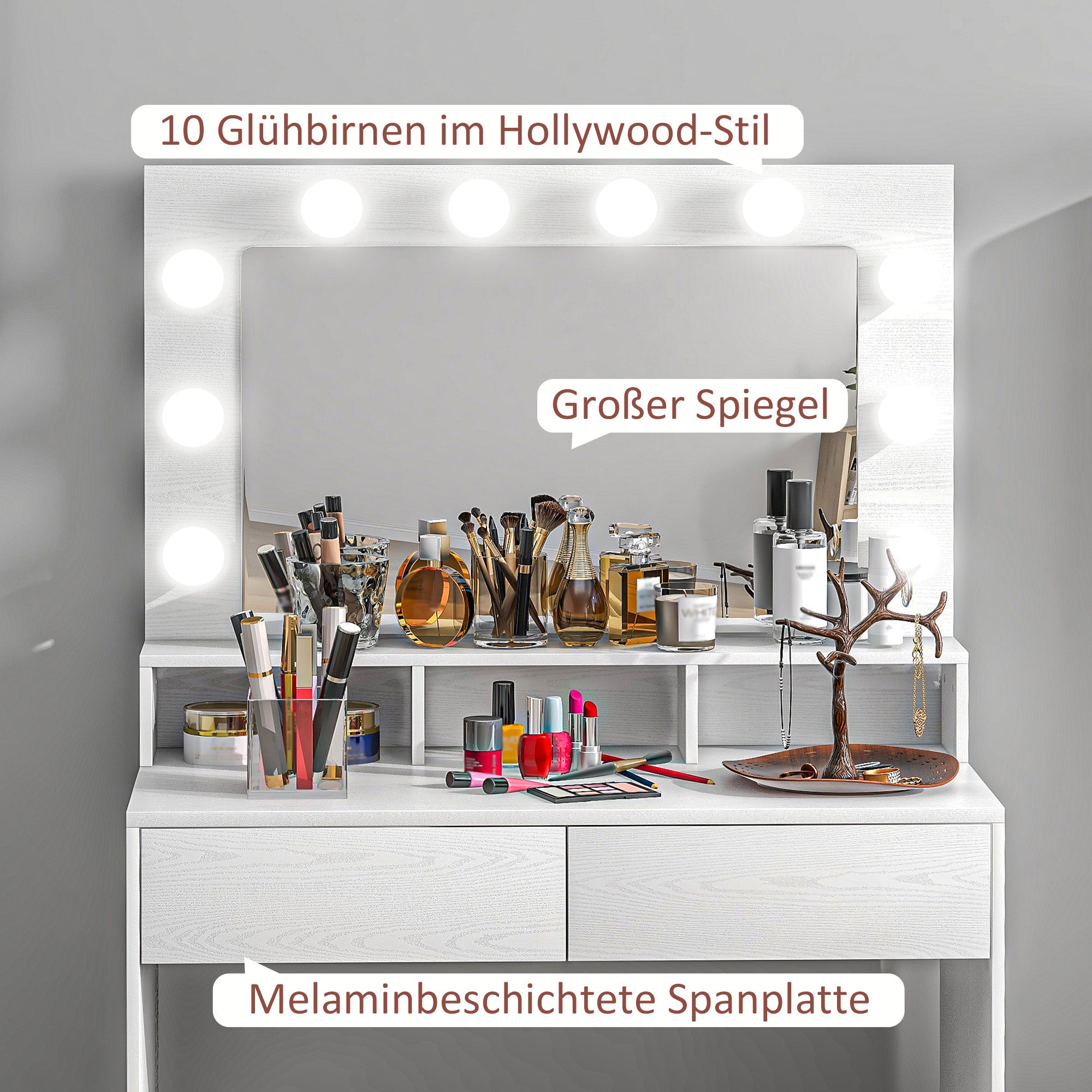 HOMCOM Frisiertisch mit beleuchtetem Spiegel, Schubladen, 3 Lichtoptionen, 10 Glühbirnen, moderner Schminktisch in Weiß