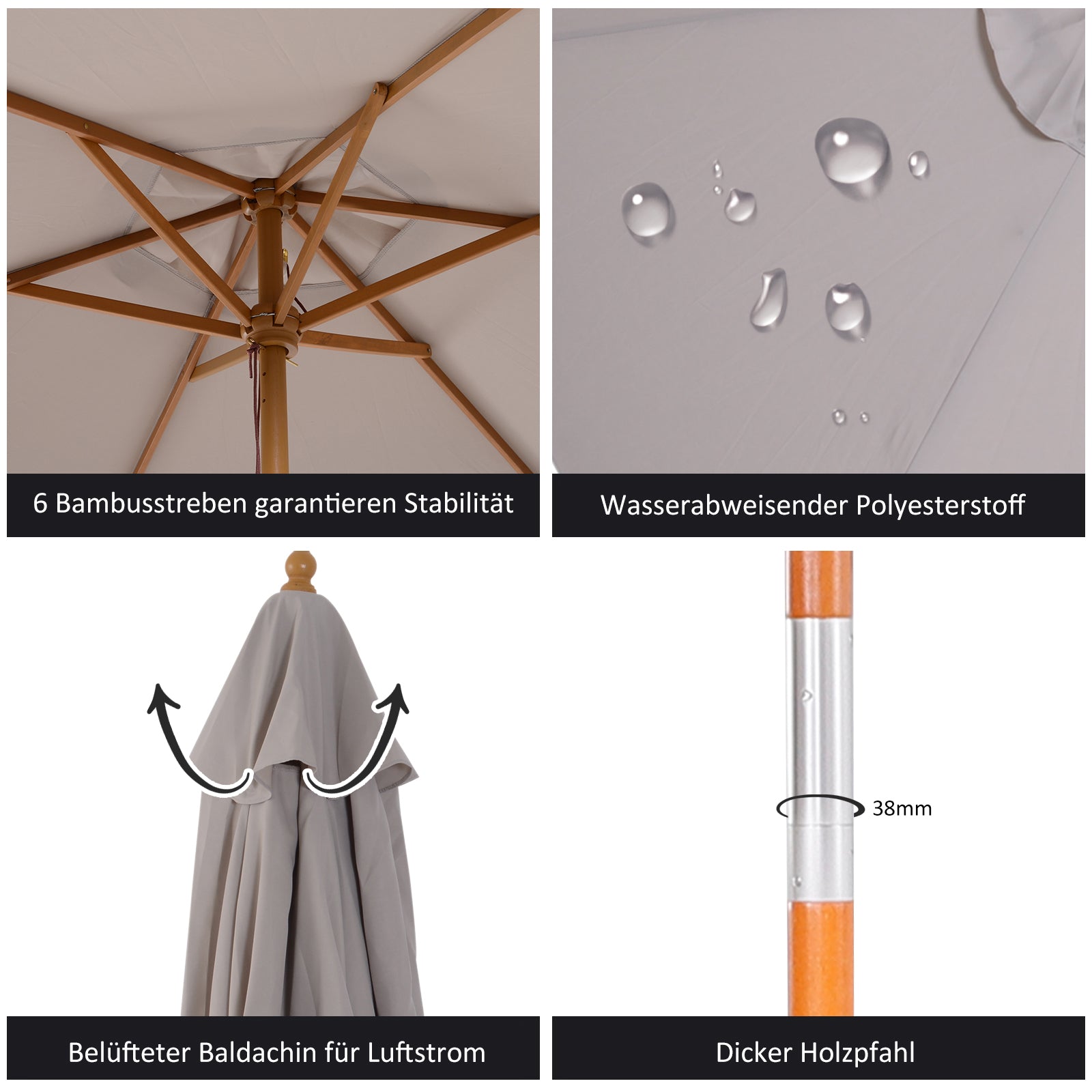 Outsunny Sonnenschirm Ø 250 cm, Sonnenschirm mit Seilzugmechanismus Balkonschirm Strandschirm aus Bambus windfest Marktschirm Sonnenschutz für Balkon Terrasse Garten, Grau