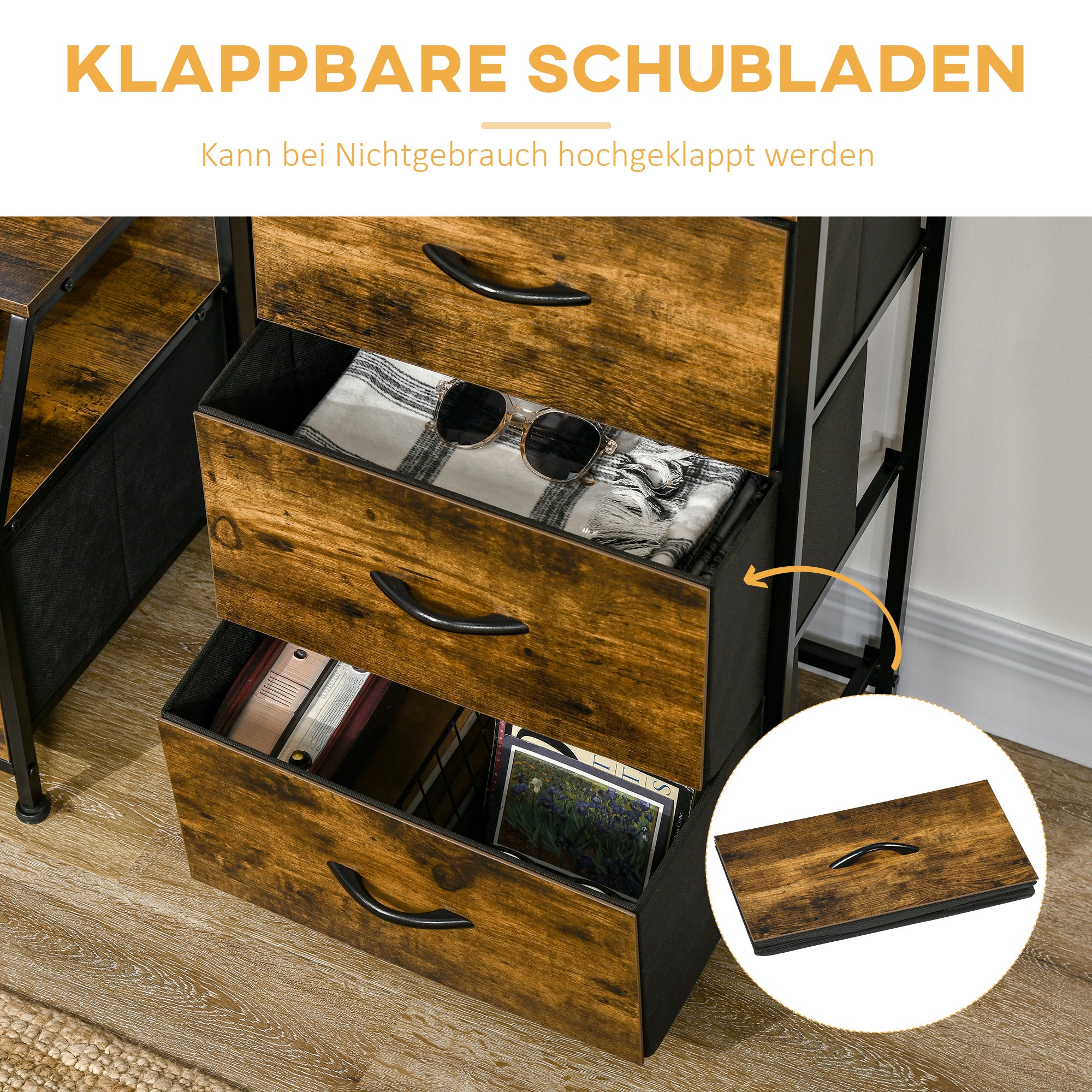 HOMCOM Aufbewahrungsschrank, Stoffschubladen, MDF-Regale, Stahlrahmen, Braun