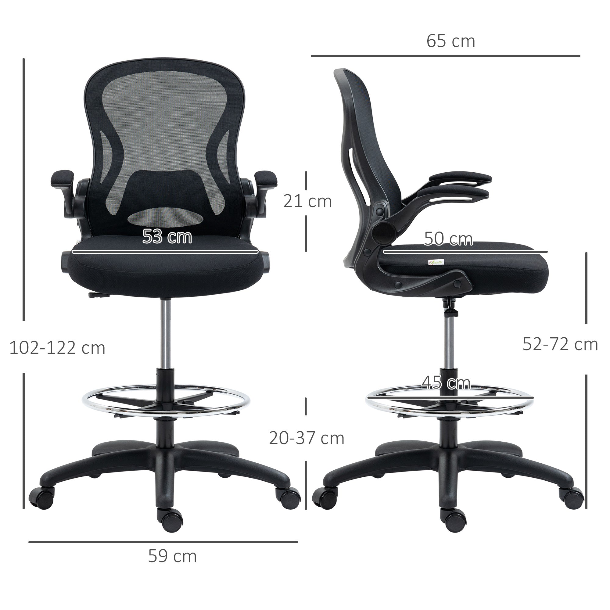 Vinsetto Zeichenstuhl, höhenverstellbarer Bürostuhl, mit Fußstütze, 59 cm x 65 cm x 122 cm, Schwarz