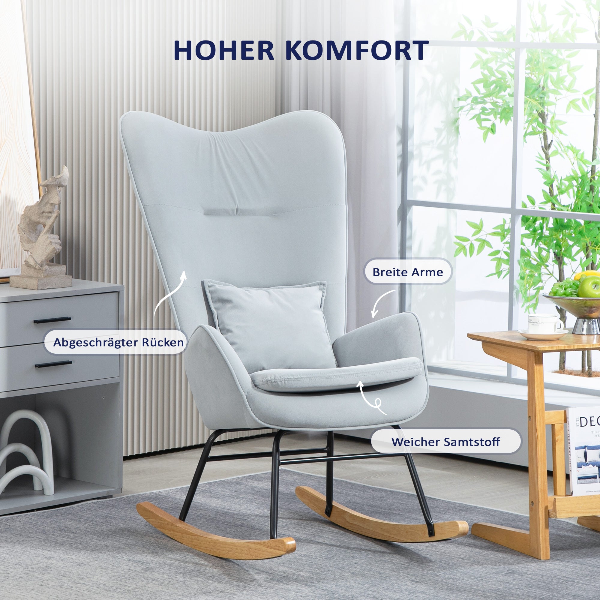 HOMCOM Schaukelstuhl, weicher Bezug in Samtoptik, mit Lendenkissen, bis 120 kg belastbar, 67 x 85 x 112 cm, Hellgrau