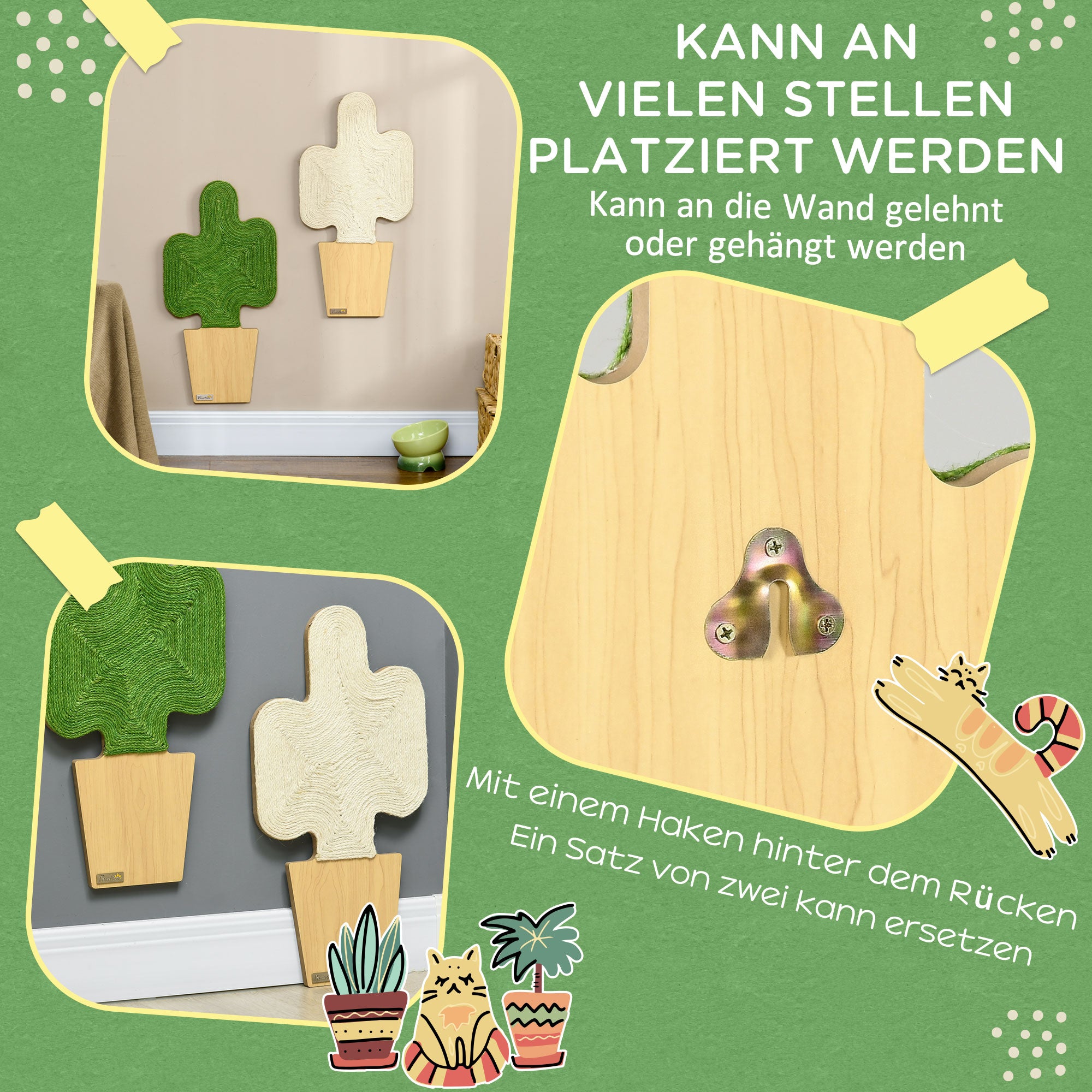 PawHut 2er-Set Kratzbäume Kratzstämme, Kakteen-Design zur Befestigung an der Wand, 30 cm x 60 cm, Eiche+Weiß+Grün