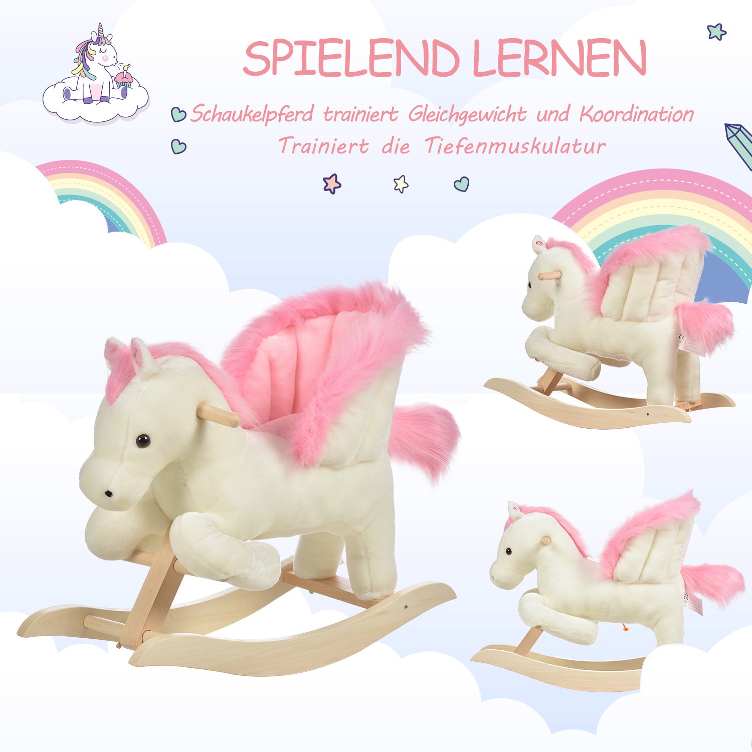HOMCOM Kinder Schaukelpferd Baby Schaukeltier Pferd mit Tiergeräusche Spielzeug Haltegriffe für 18-36 Monate Plüsch Weiß+Rosa 70 x 28 x 57 cm