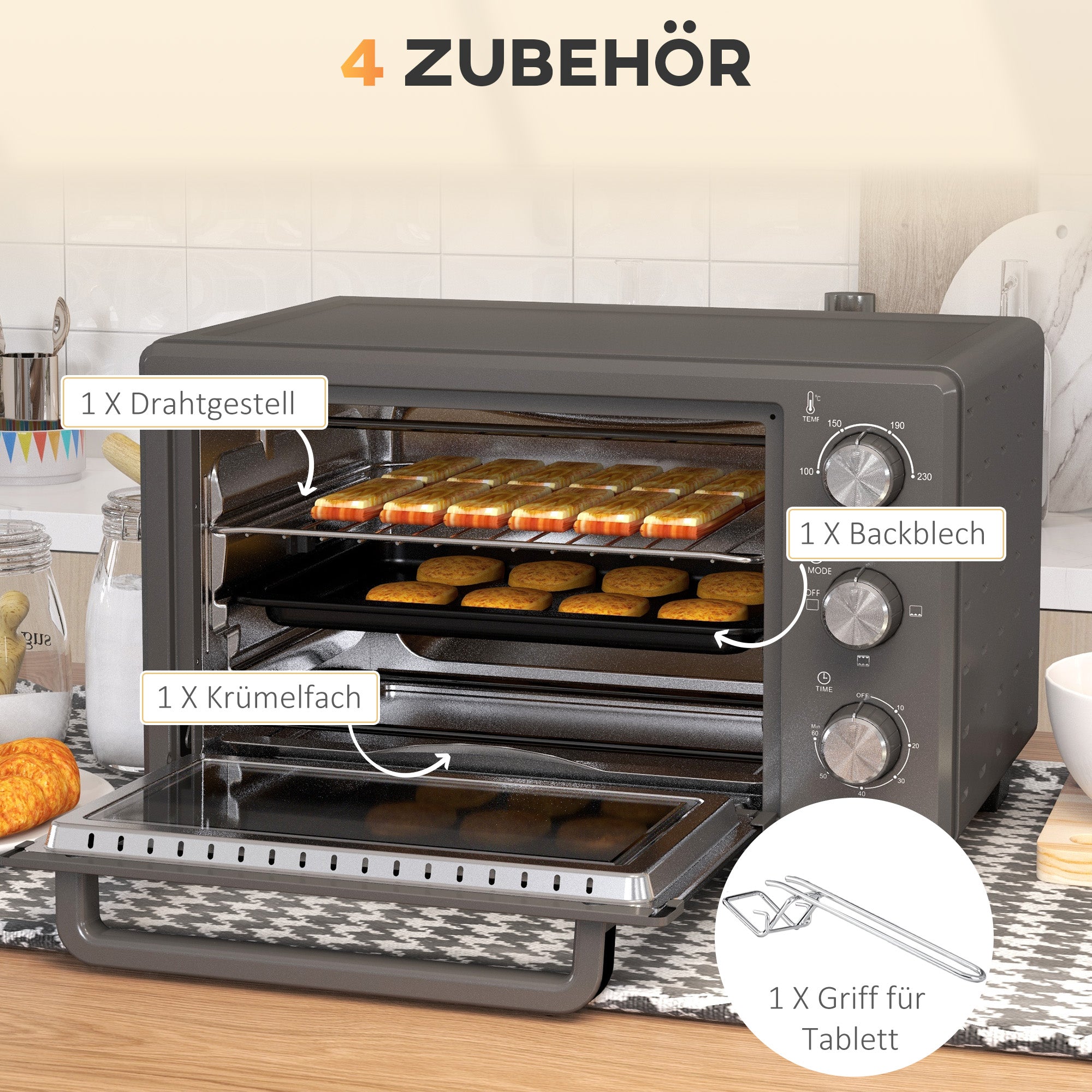HOMCOM Minibackofen, 21 L Toasterofen mit 1 Drahtgestell und 1 Backblech, 3 Kochmodi, 100 °C-230 °C, Edelstahl, Glas, Grau