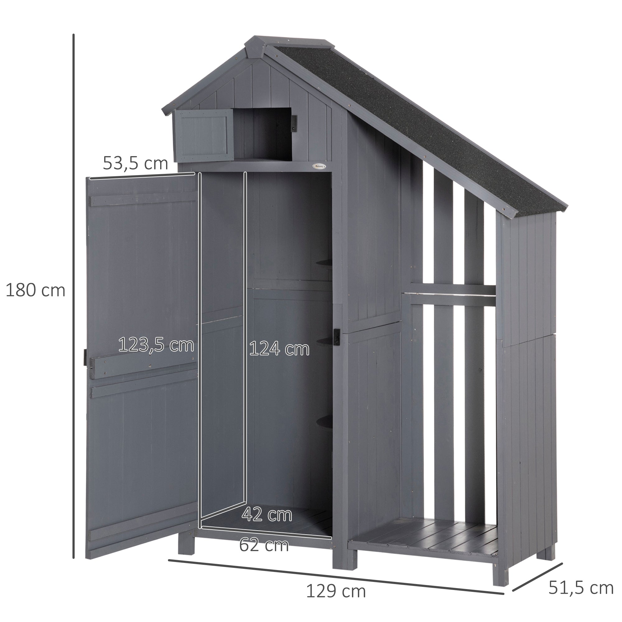 Outsunny Gartenschrank, offenes Brennholzfach, verriegelbare Tür, wetterfest, Naturholz, 129 x 51,5 x 180cm, grau+schwarz