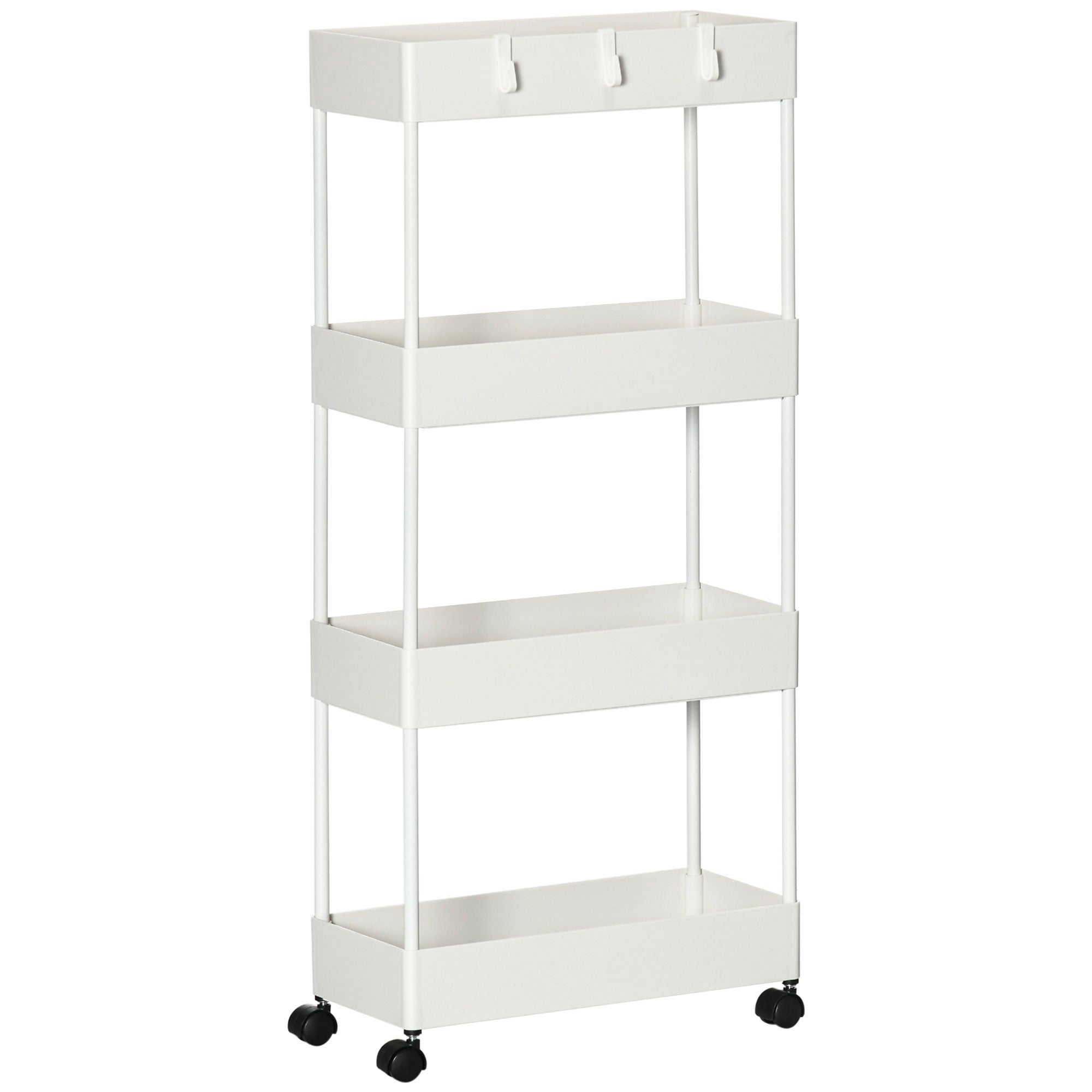 HOMCOM Küchenwagen mit 4 Regalen, 4 flexiblen Haken, 4 Rollen, 40 cm x 19 cm x 90 cm, Nischenwagen, Weiß