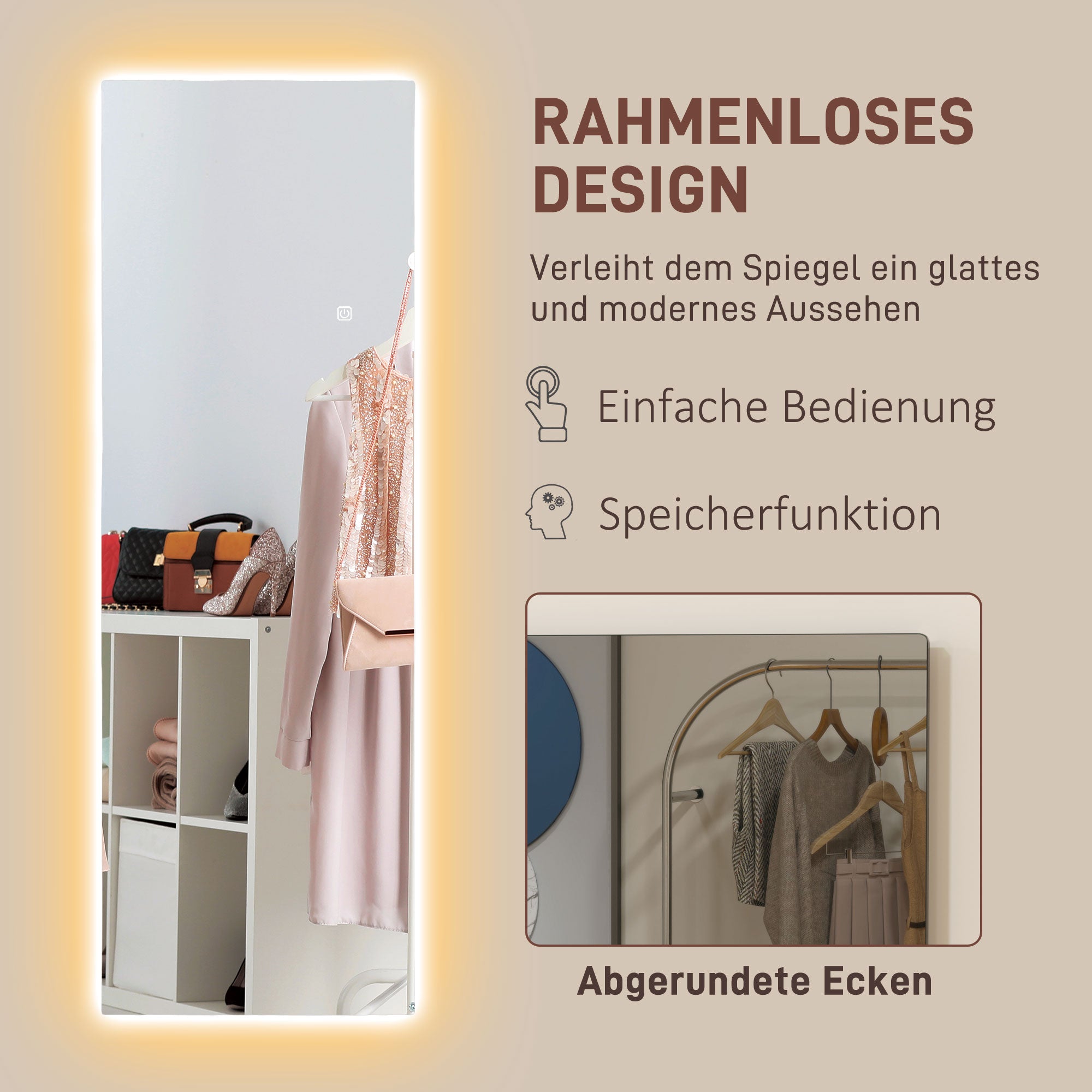 HOMCOM LED Ganzkörperspiegel, dimmbar, rahmenlos, Touch-Steuerung, 40 x 120 cm
