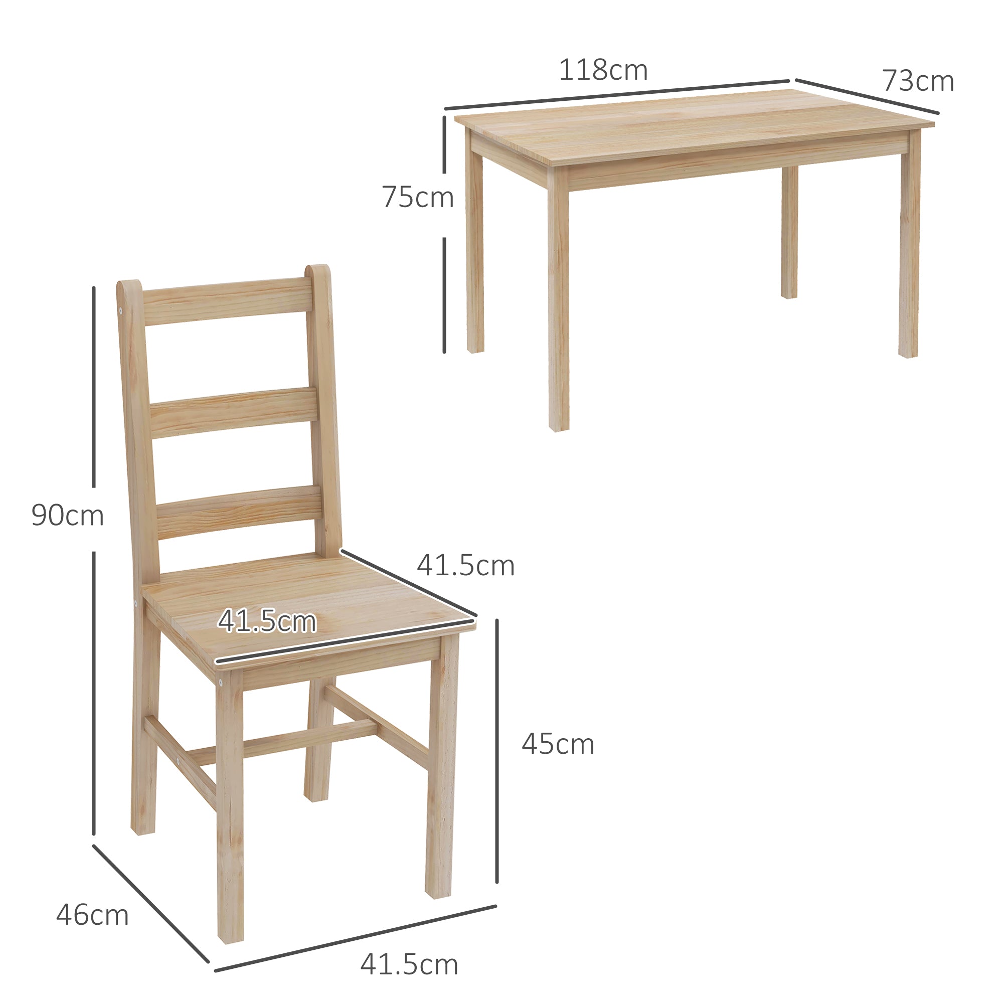 HOMCOM 5-teilige Essgruppe Esstisch mit Stühlen Sitzgruppe, Massivholz, 118 cm x 73 cm x 75 cm, Natur
