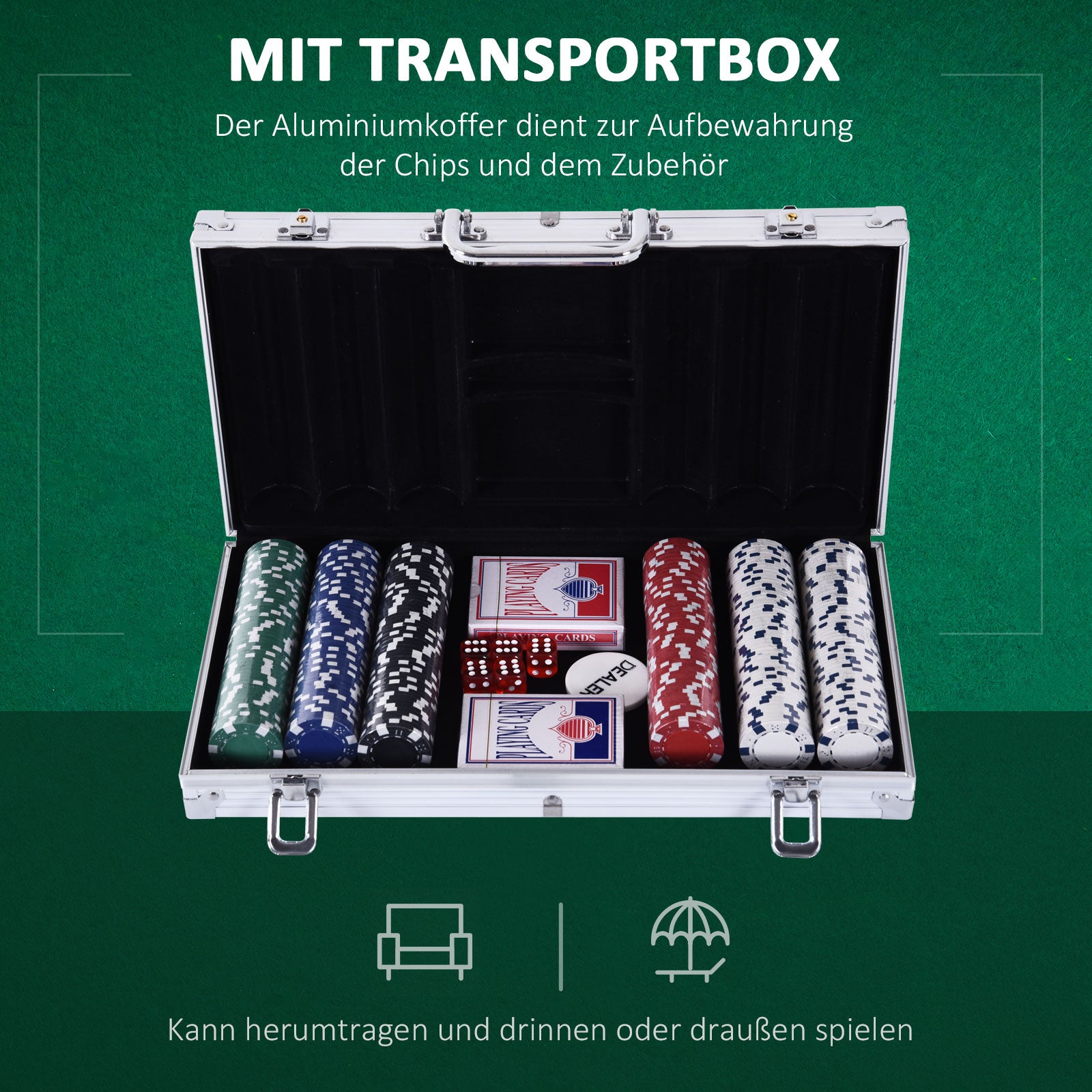 HOMCOM Pokerkoffer abschließbar Pokerset mit Koffer 300 Chips 5 Würfel 2 Kartendecks Zubehör, Pokerchips Komplett Set Pokerspiel Kartenspiele Aluminiumkoffer für Texas Hold'em, Blackjack