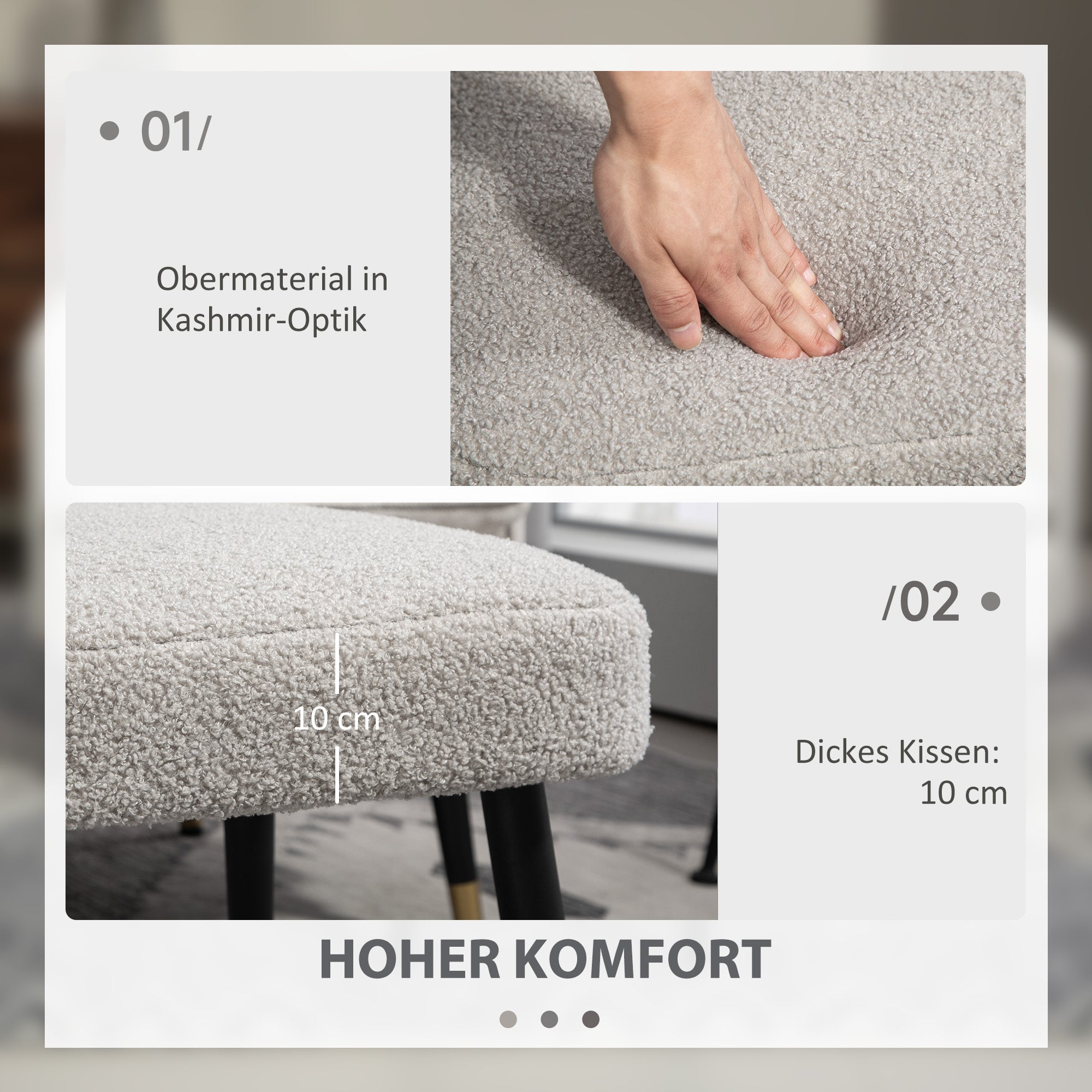HOMCOM Hocker, Fußstütze, gepolsterter Sitz, Kaschmir-Optik, Stahlbeine, 42 x 42 x 47 cm, Hellgrau