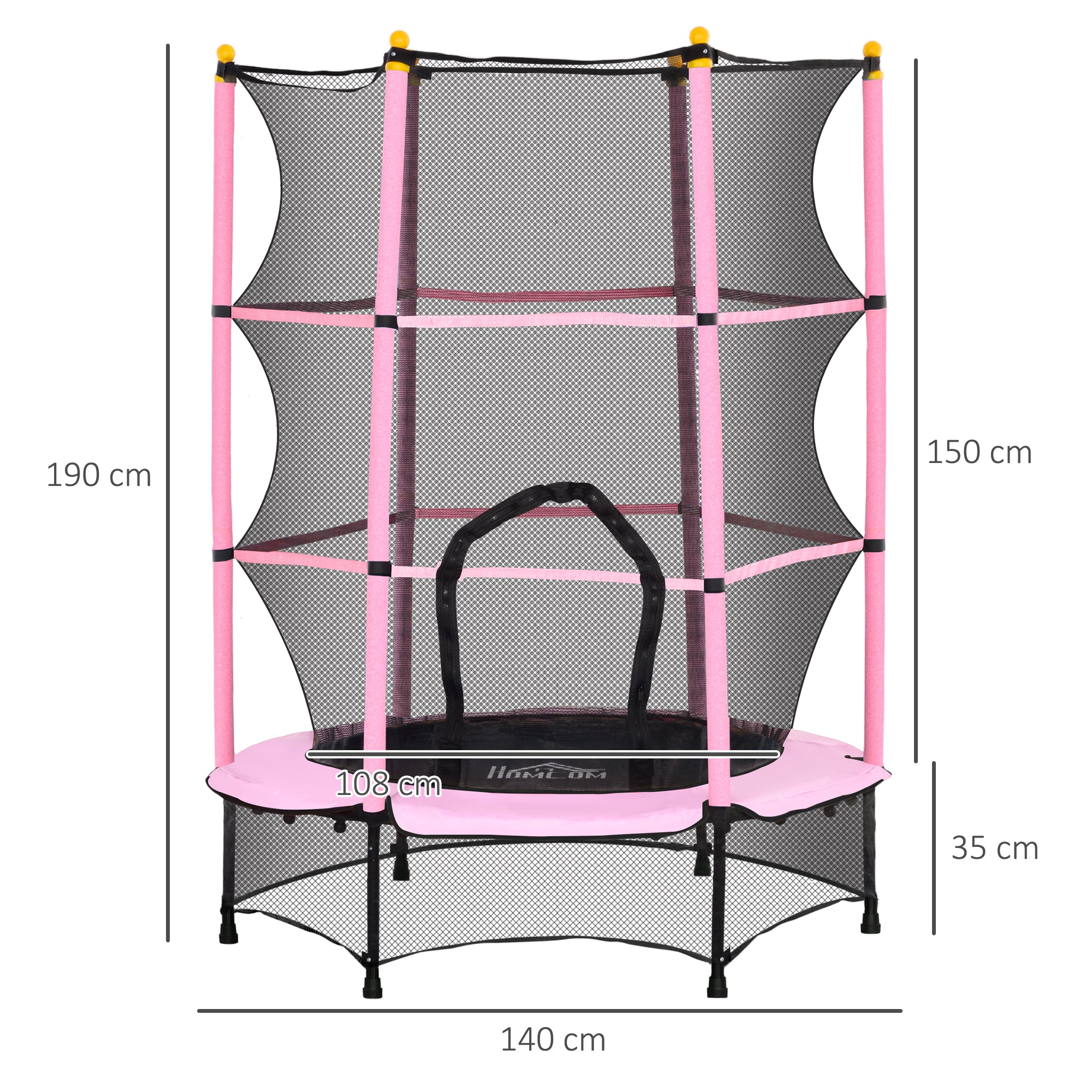 HOMCOM Trampolin für Kinder, Ø140 cm, mit Sicherheitsnetz, für innen und außen, Stahl, Kunststoff, belastbar bis 50 kg, Rosa