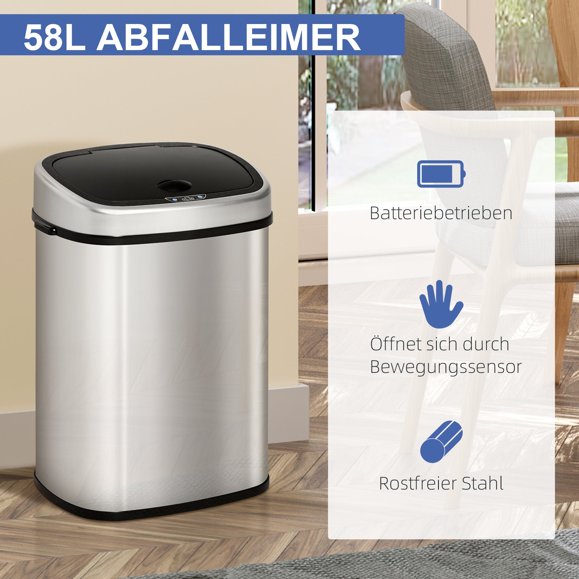HOMCOM Mülleimer mit Sensor 58L Automatik Abfalleimer mit Bewegungssensor, Wasserdichter Abfallbehälter aus Edelstahl für Küche, Büro, Schlafzimmer Silber