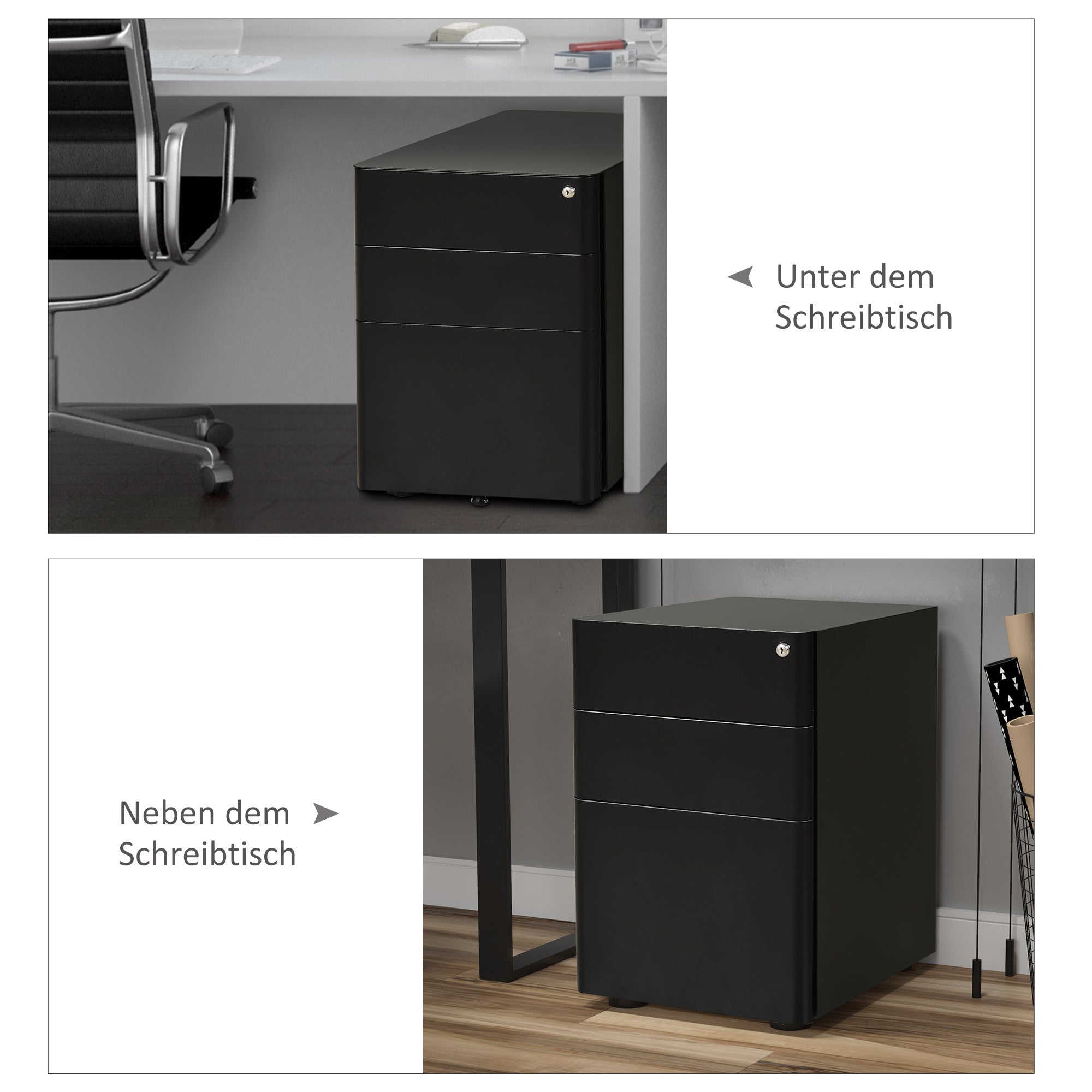 Vinsetto Rollcontainer, mobiler Aktenschrank mit 3 Schubladen, abschließbarer Büroschrank mit Hängeregistratur, Aufbewahrung, Stahl, 39 x 48 x 59 cm Schwarz