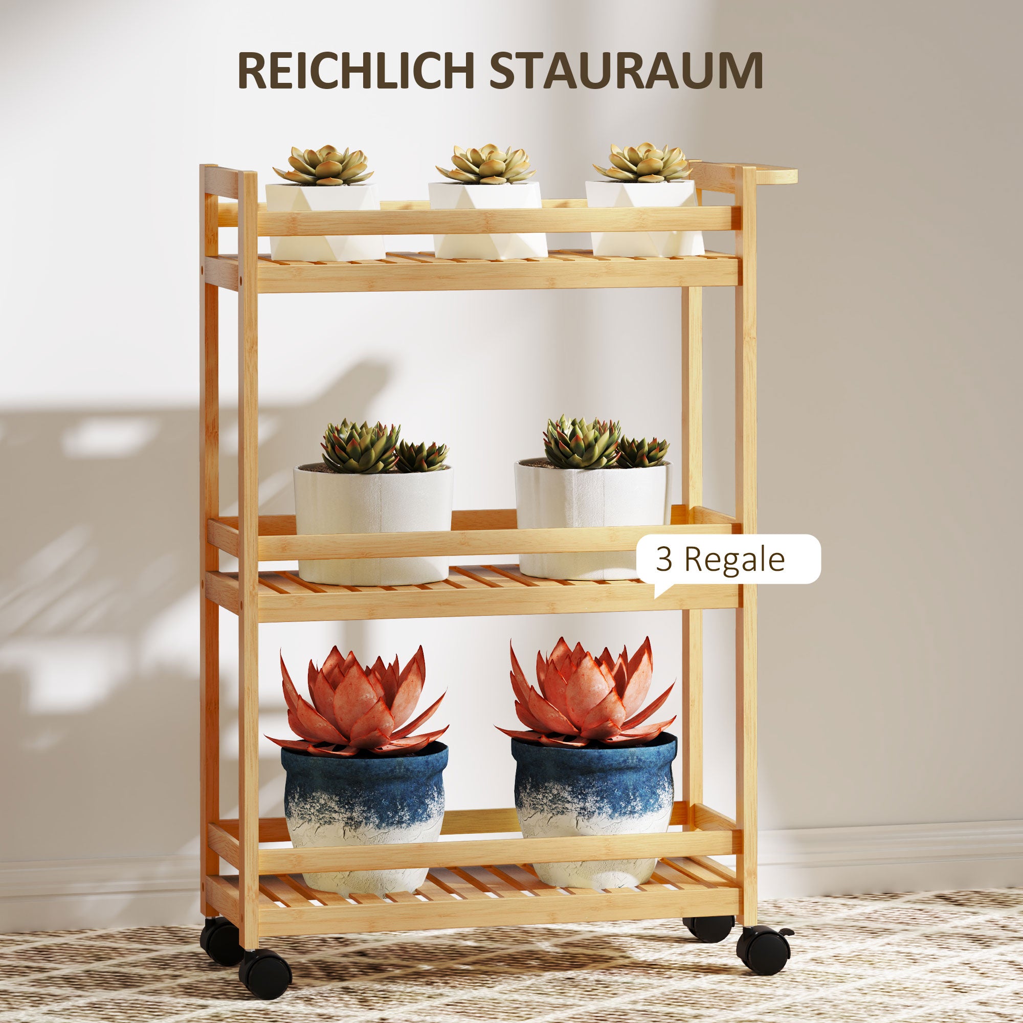 HOMCOM Servierwagen, 3 Etagen, Lamellenböden, Herausfallschutz, Bambus, 55 x 20 x 75 cm