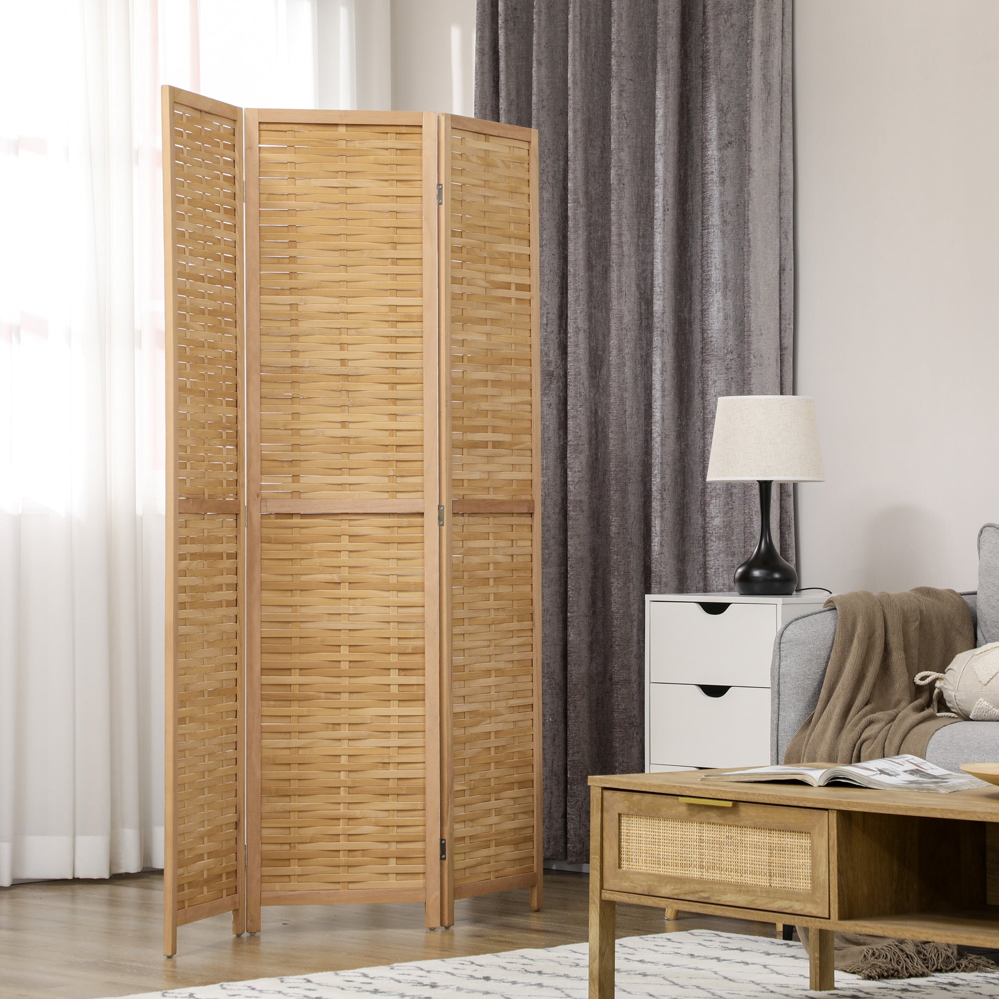 HOMCOM Raumteiler Klappbare Trennwand Sichtschutz, Bambus, 3-teilig, 120 cm x 170 cm x 1,8 cm, Natur