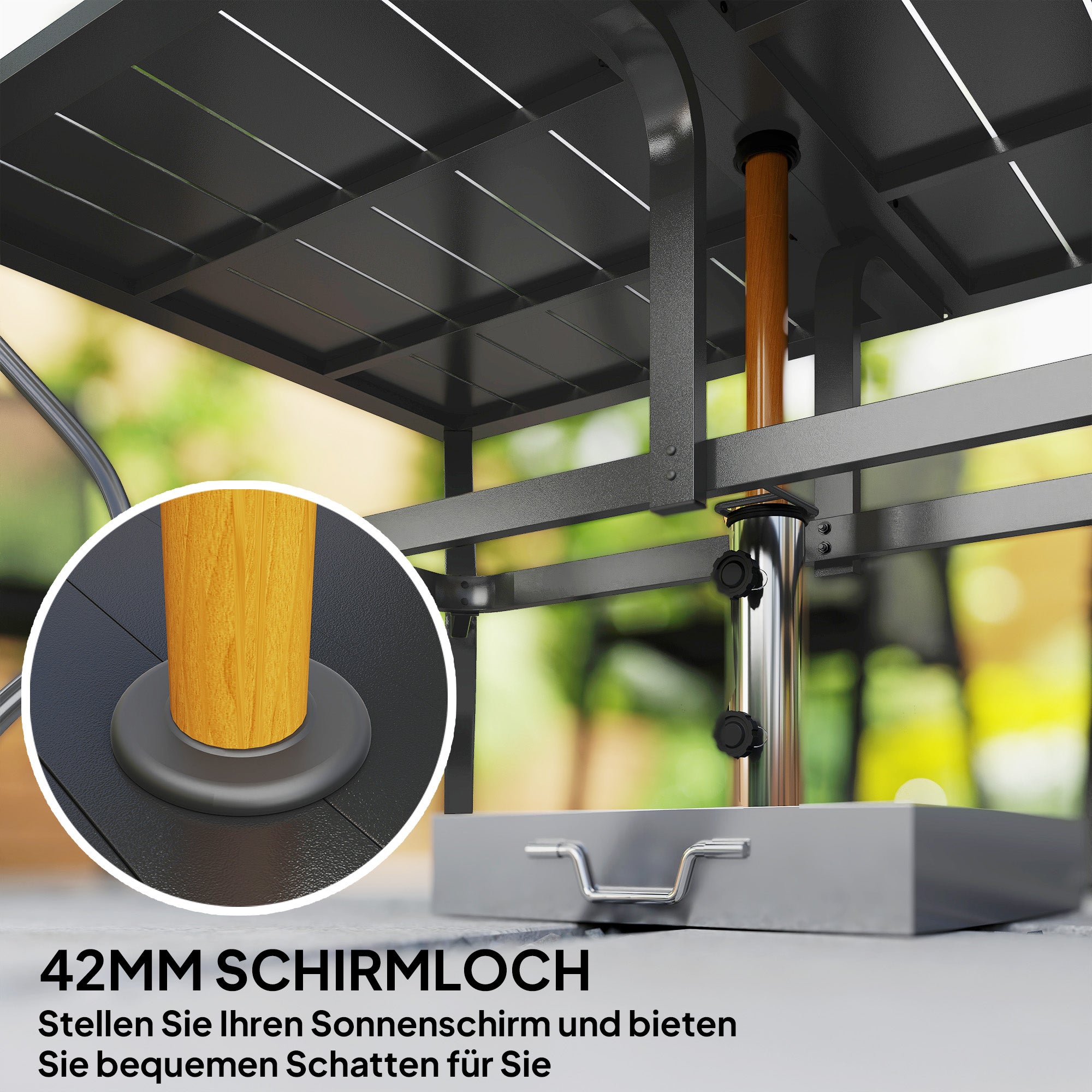 Outsunny Gartentisch Stahl 150x90 cm Wetterfest Balkontisch mit Schirmloch, Lamellen-Design für 6 Personen Schwarz