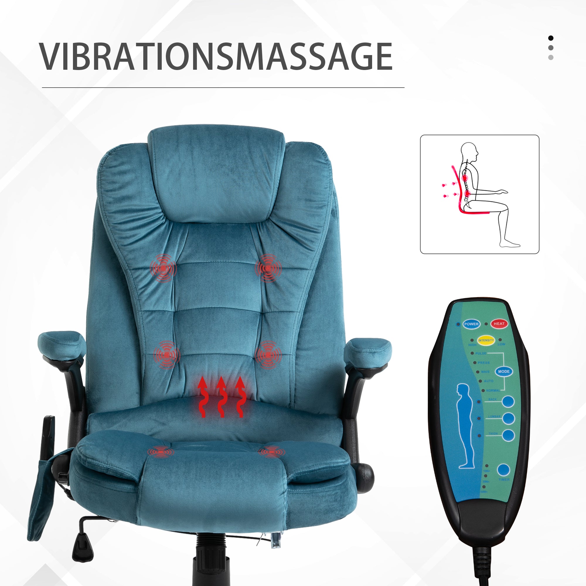 Vinsetto Bürostuhl Massagesessel mit Wärmefunktion Chefsessel mit Massagefunktion höhenverstellbarer ergonomischer Gamingstuhl massage Blau 68 x 72 x 110–120 cm