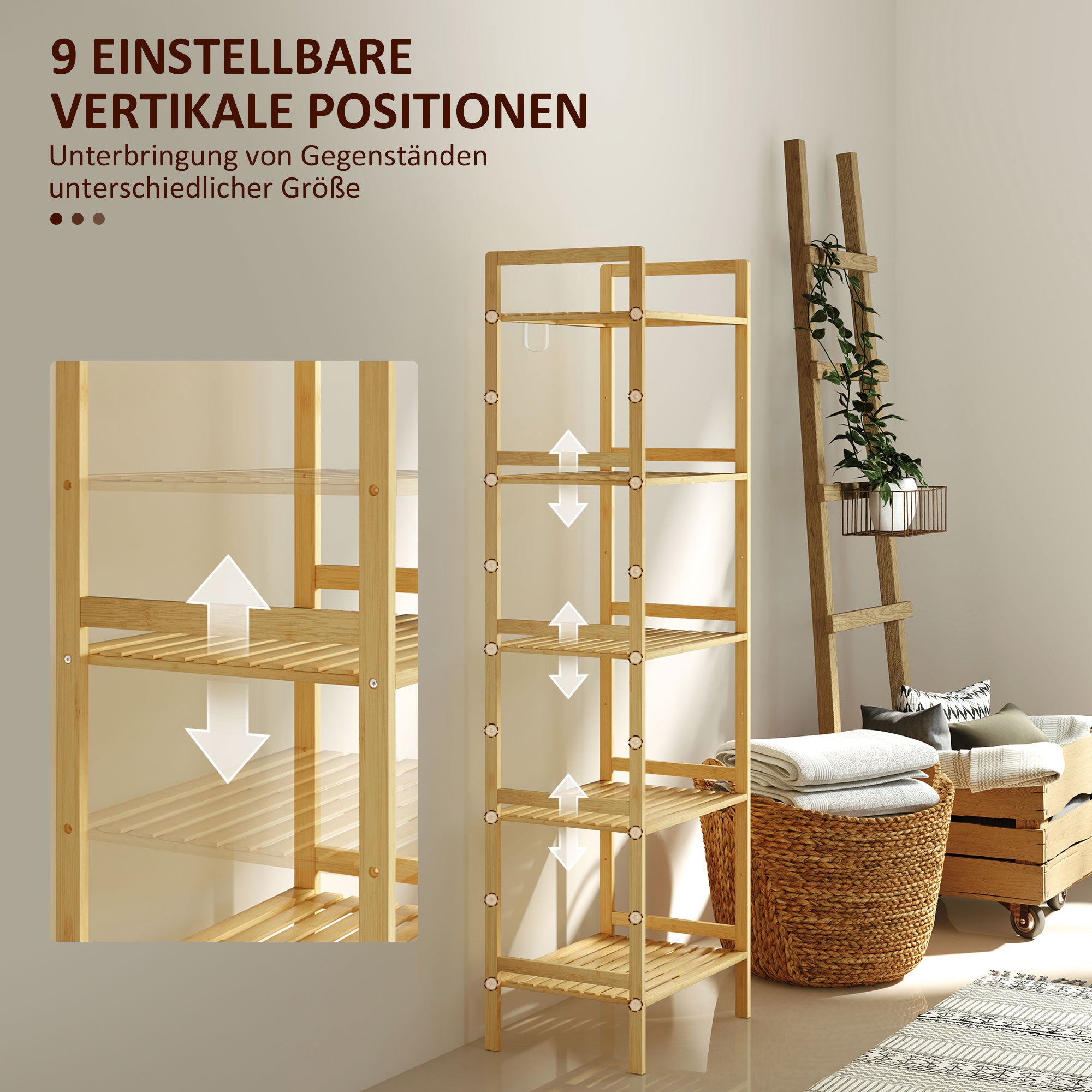 HOMCOM Bambus-Badezimmerregal mit 5 Ebenen, Aufbewahrungsregal mit verstellbaren Regalböden, 43,5 x 31,5 x 142 cm, Naturholz
