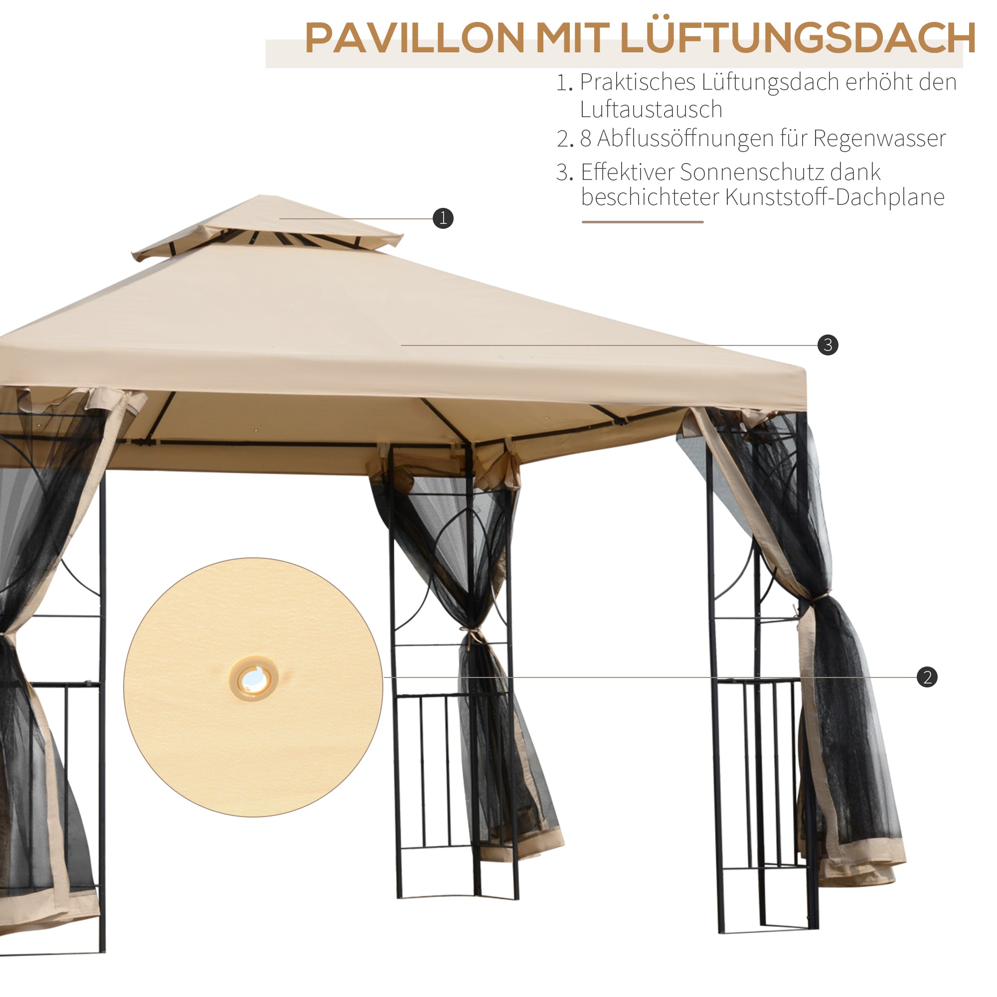 Outsunny Gartenpavillon Pavillon Festzelt Partyzelt wetterfest Zelt mit 4 Ablagen Metall + Polyester Beige 2,98 x 2,98 m