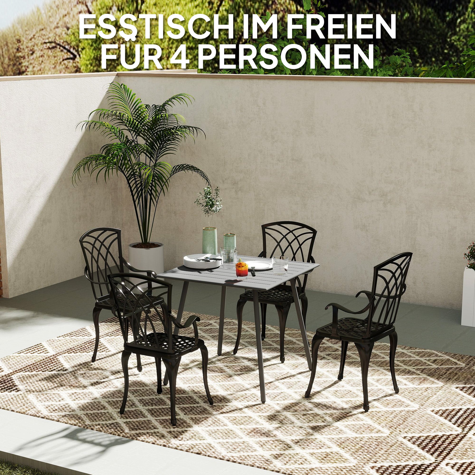 Outsunny Gartentisch, Outdoor-Esstisch für 4 Personen, Stahlrahmen, leicht zu reinigen, rostbeständig, 80 x 80 x 74 cm, Grau