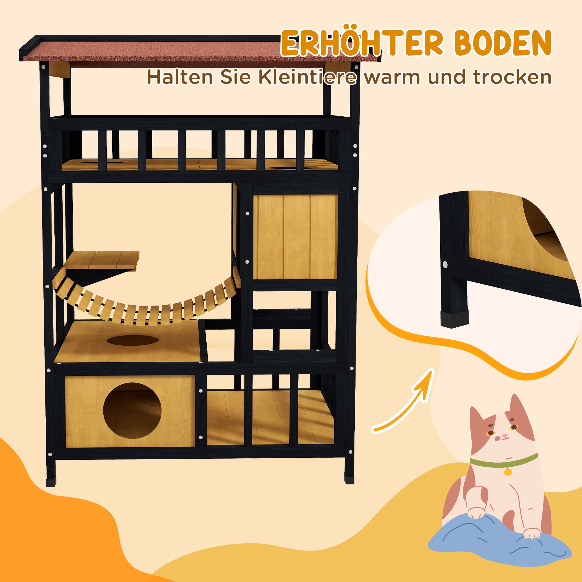 PawHut Katzenhaus, Katzenparadies mit Plattformen, Hängebrücke und Katzenhöhlen, für bis zu 2 Katzen geeignet, Holz