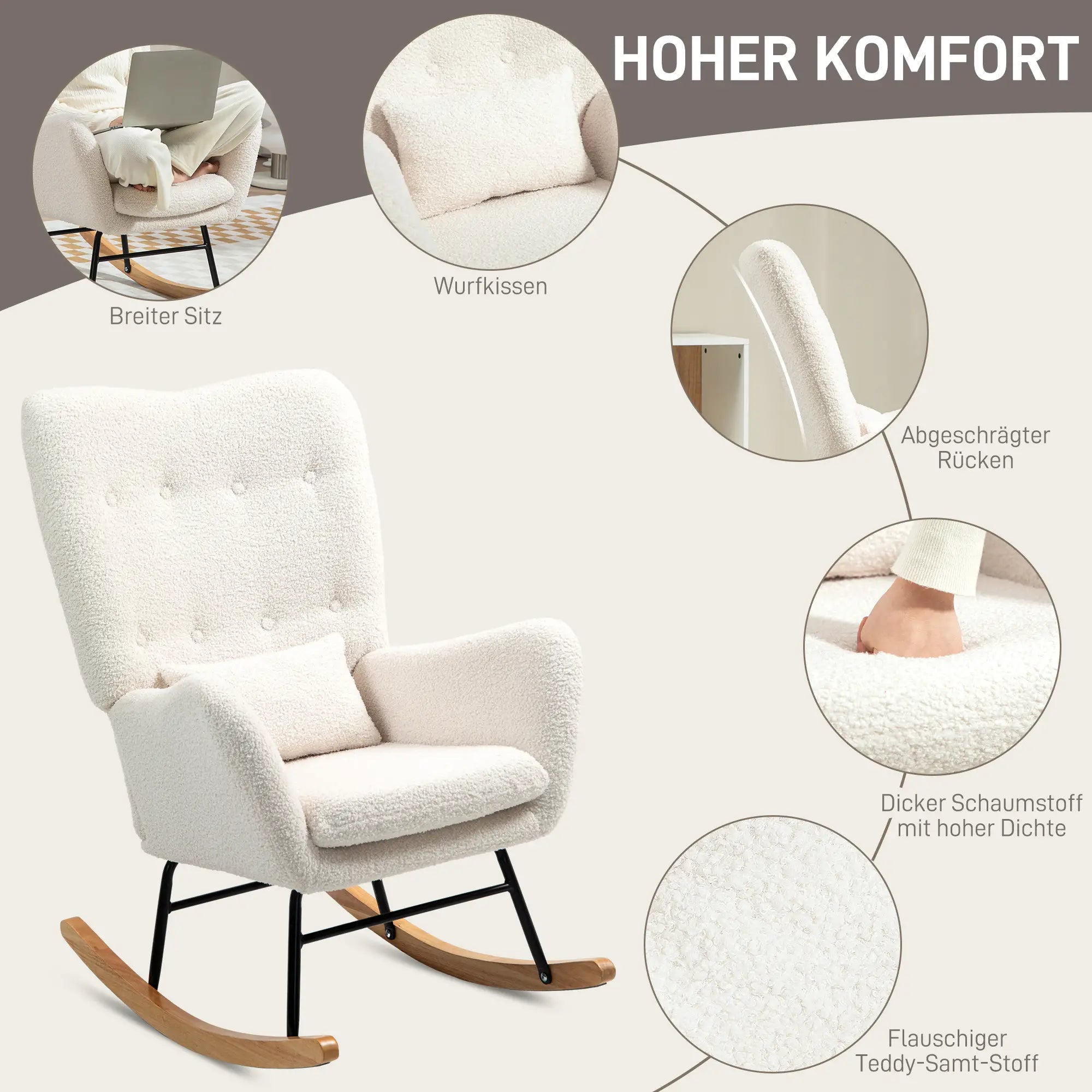 HOMCOM Schaukelstuhl, kuscheliger Bezug, dicke Polsterung, Lendenkissen, rutschfest, Cremeweiß