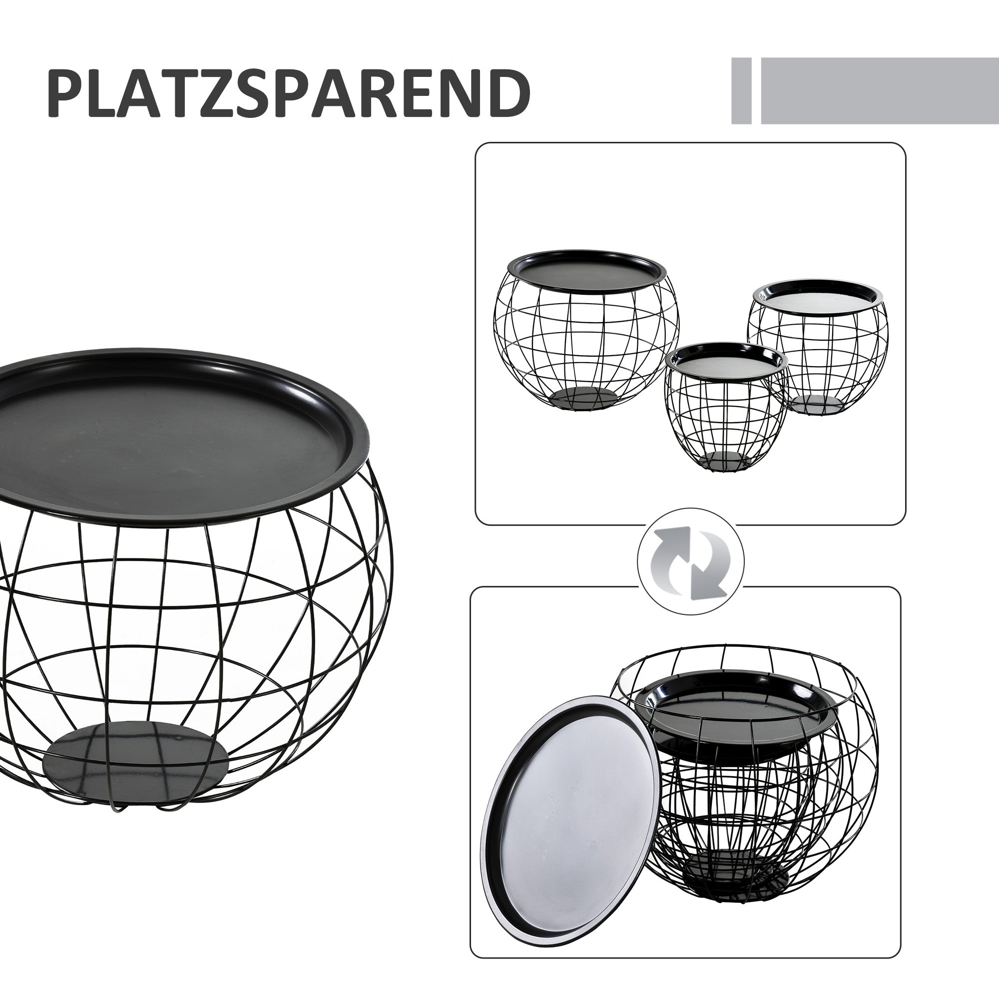 HOMCOM Couchtisch-Set 3-teilig, abnehmbare Tischplatte, Stahlrahmen, Schwarz glänzend, verschiedene Größen